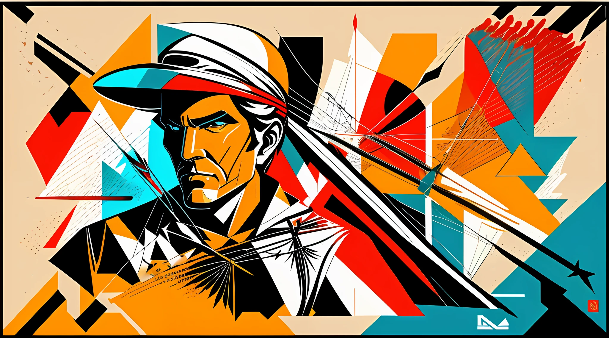 sketch a abstract flat color vector designed poster of A detailed graffiti street art of logo for a sport cloth company, using basic shapes, representation of an archer and his relationship with the target his bow and his arrow, Containing a maximum of four colors, like old movie poster,HD, 64k --auto --s2