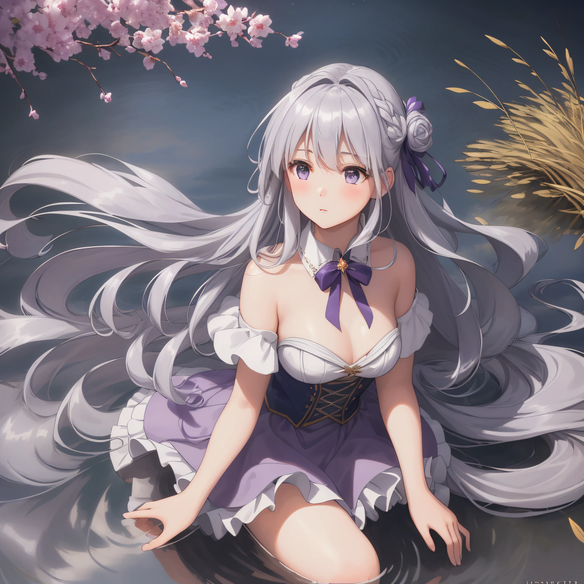 Masterpiece, 8K, (film grain) ((ultra-realistic detail)), girl, long silver hair flowing in the wind, light purple tulle, right hand to ear, left hand with skirt, sideways half kneeling by the river, whole body, ripples in the water, sparkling, white reeds, starry in the sky, the galaxy in the distance