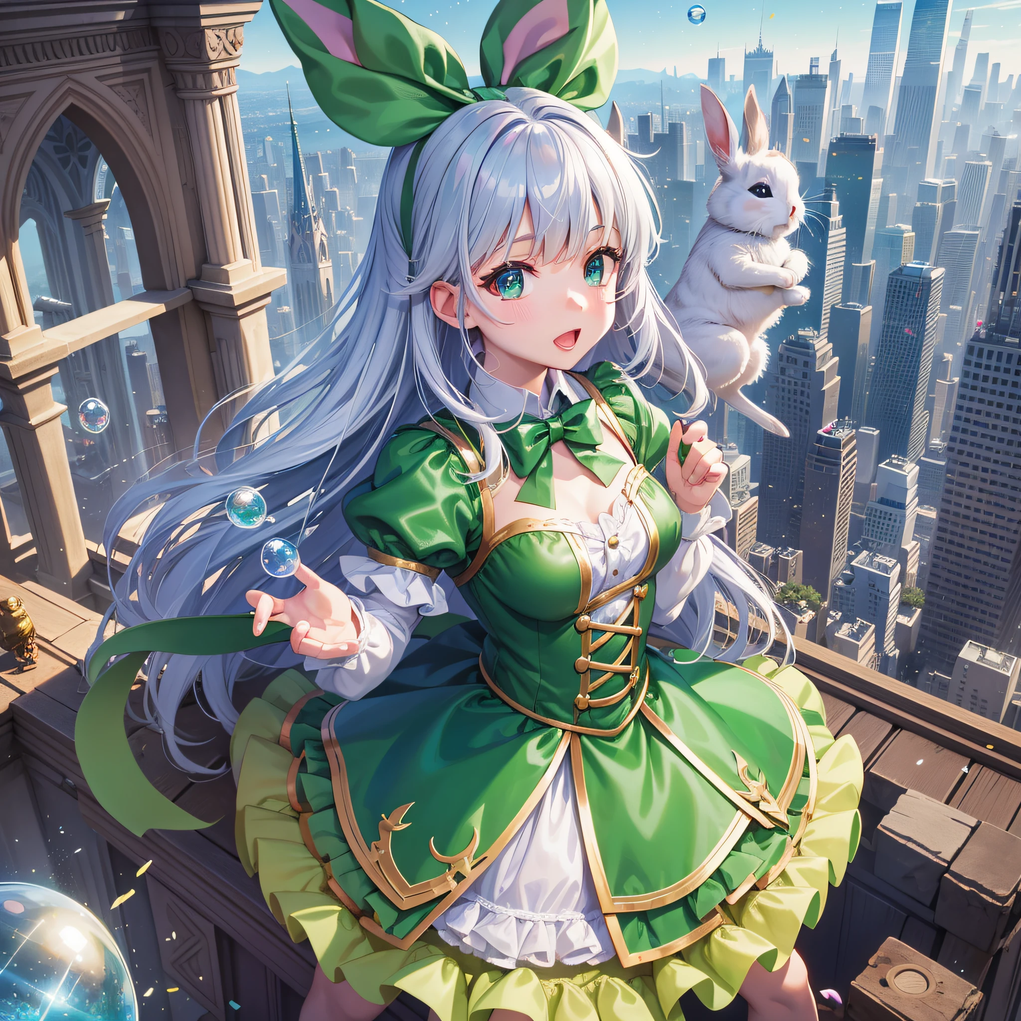 A charming chibi girl dressed as a magical adventurer in the whimsical world of Oz, her bunny companion by her side, standing in awe before the majestic Emerald City, the cityscape sparkling with shimmering emerald hues, flying bubbles and confetti adding a touch of magic, Illustration, digital art with a combination of cel-shading and soft shading techniques, --ar 16:9 --v 5