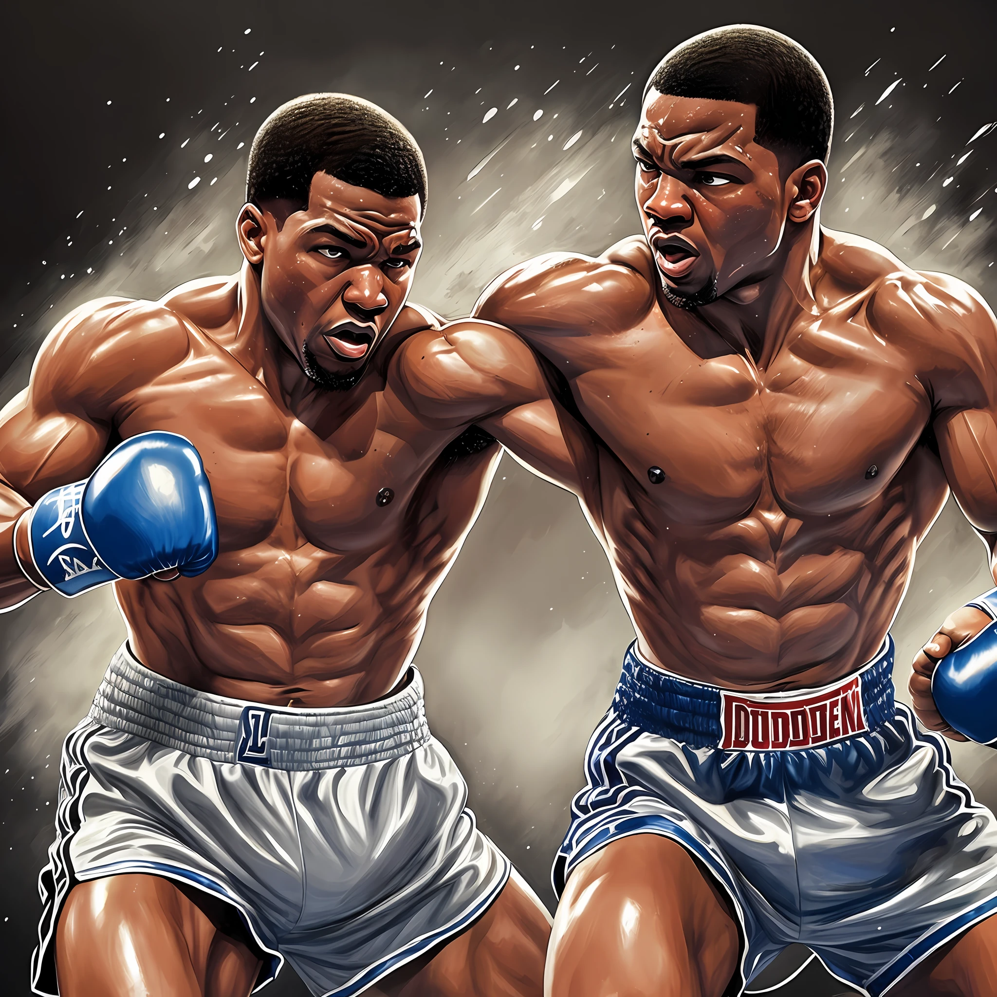An intense and action-packed portrayal of the legendary boxing match featuring Joe Louis and Joe Frazier, with dynamic angles and high resolution. Showcasing the raw power and emotion of these two fighters, their expressions, and movements captured in stunning detail. Expertly composed lighting and contrast to highlight the athletic prowess of these iconic boxers. They are in the heat of battle, exchanging blows amidst the sweat and blood. A gritty and powerful scene, expertly constructed to showcase the epic nature of this historic moment. --auto --s2