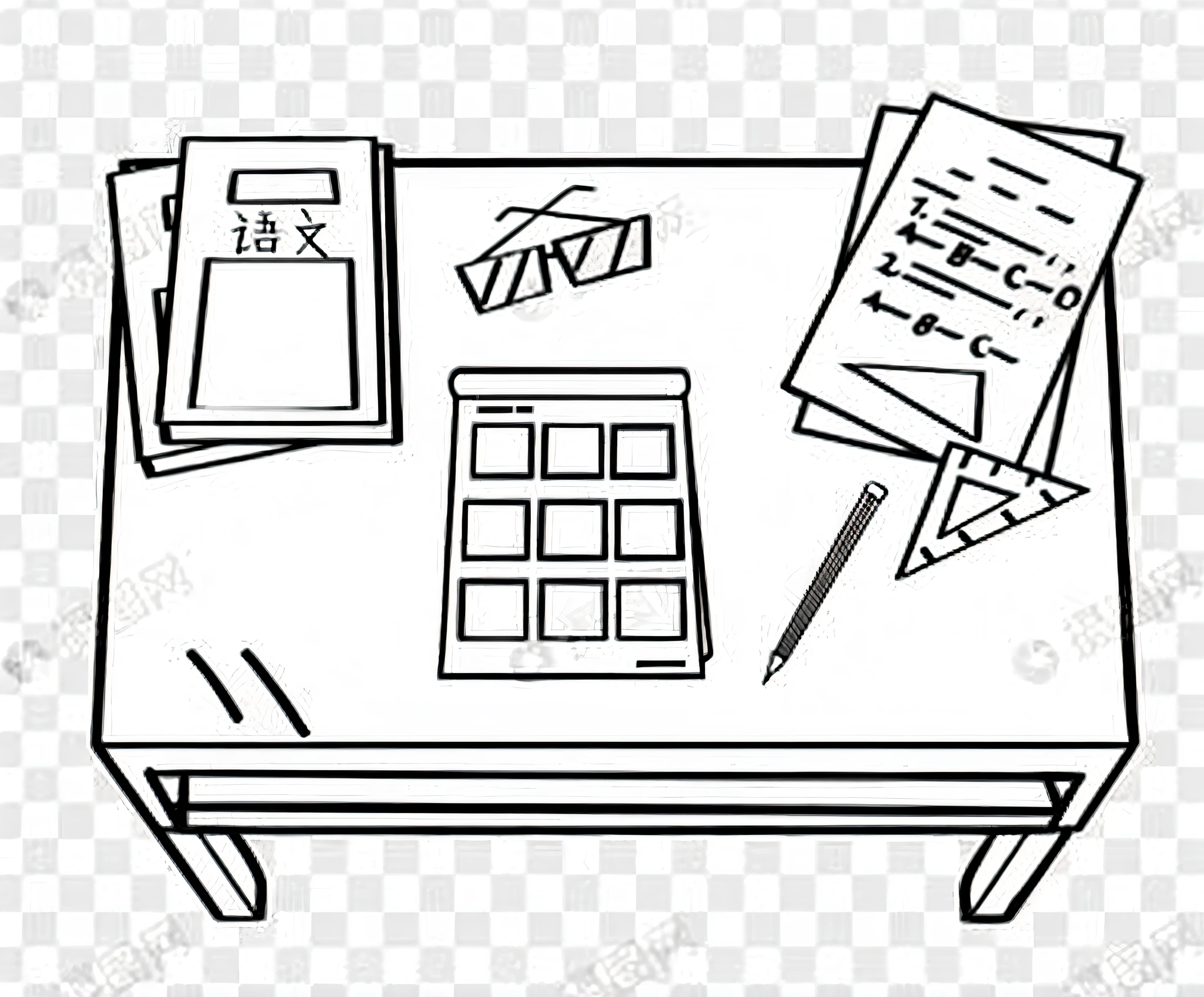 A table with a lot of paper and pencils, coloring book outlines, outline drawings, sitting at the table, [top view of the table]!!, computer drawing, on the table, on the table, large table, high-quality sketching, desk, illustrated black outline, line art Behance HD, table, table, line art illustration, the book on the table is a language book, on the right side is an exam paper with an A, and glasses are placed in the upper part of the table