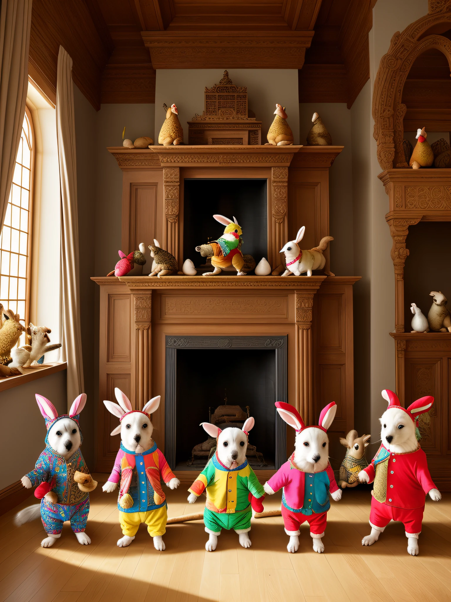 An ancient grand hall, where the dog, cat, rabbit and parrot (((wearing clothes :1.5))) gather around a cozy fireplace in majestic detail, Photography, captured with a wide-angle lens to showcase the scale and intricacy of the grand hall and a warm and intimate tone, emphasizing the enduring bond between them, --ar 3:2 --v 5