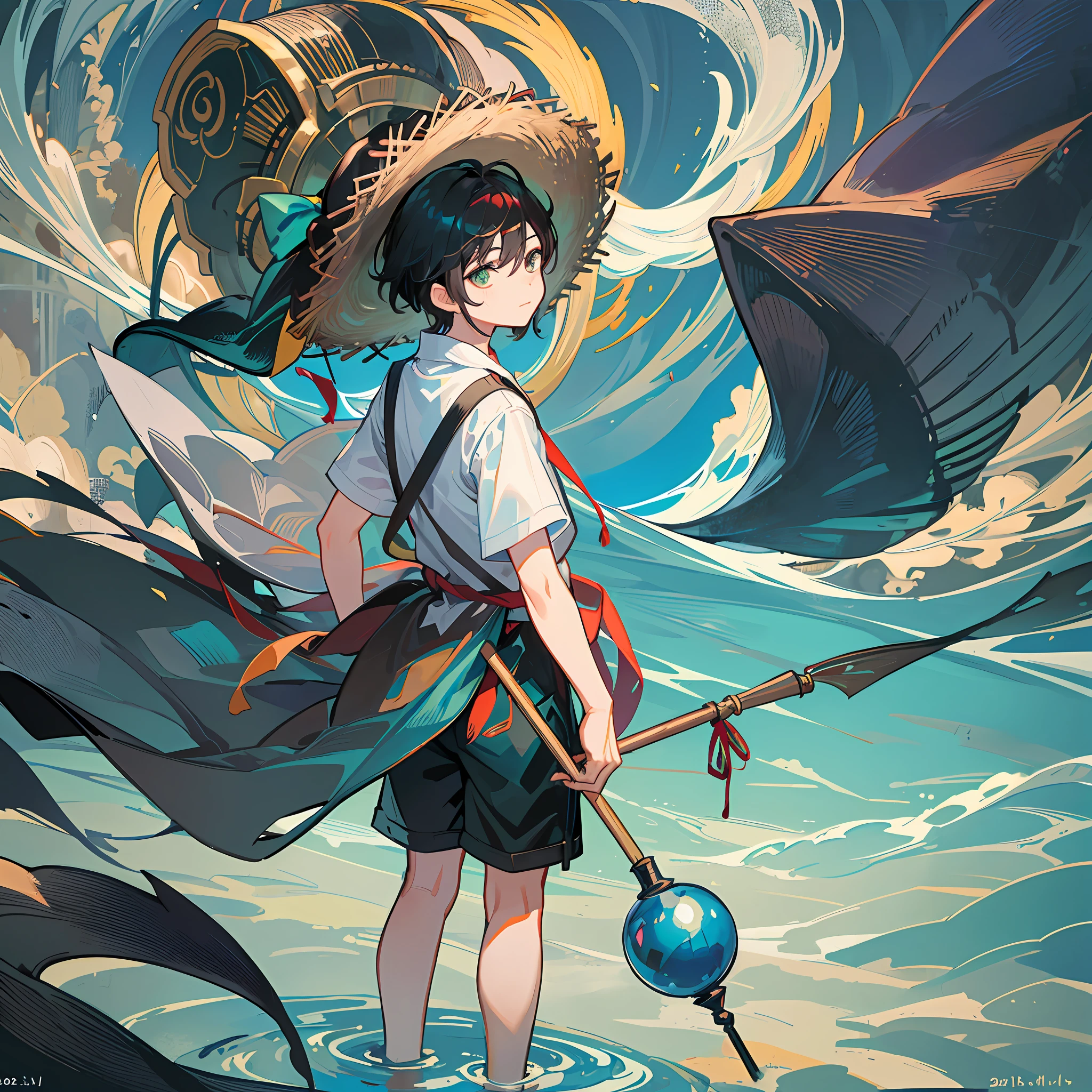 The black-haired male pupil, a little boy, short-sleeved shorts, wearing a long cape, a straw hat with two streamers and countless wind chimes, and a green flute sits on the back of a huge fish made of water, leading more fish behind him