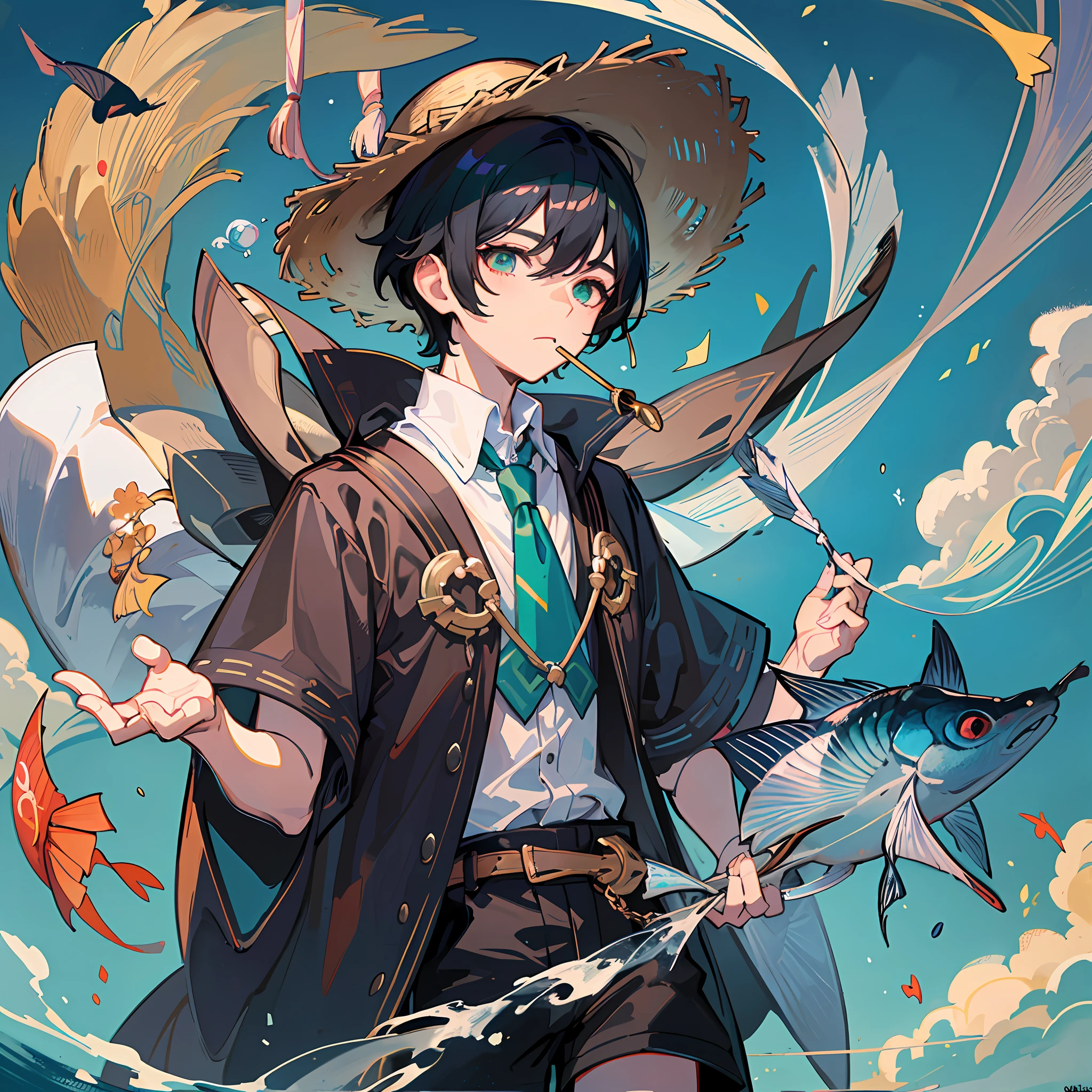 The black-haired male pupil, a , short-sleeved shorts, wearing a long cape, a straw hat with two streamers and countless wind chimes, and a green flute sits on the back of a huge fish made of water, leading more fish behind him