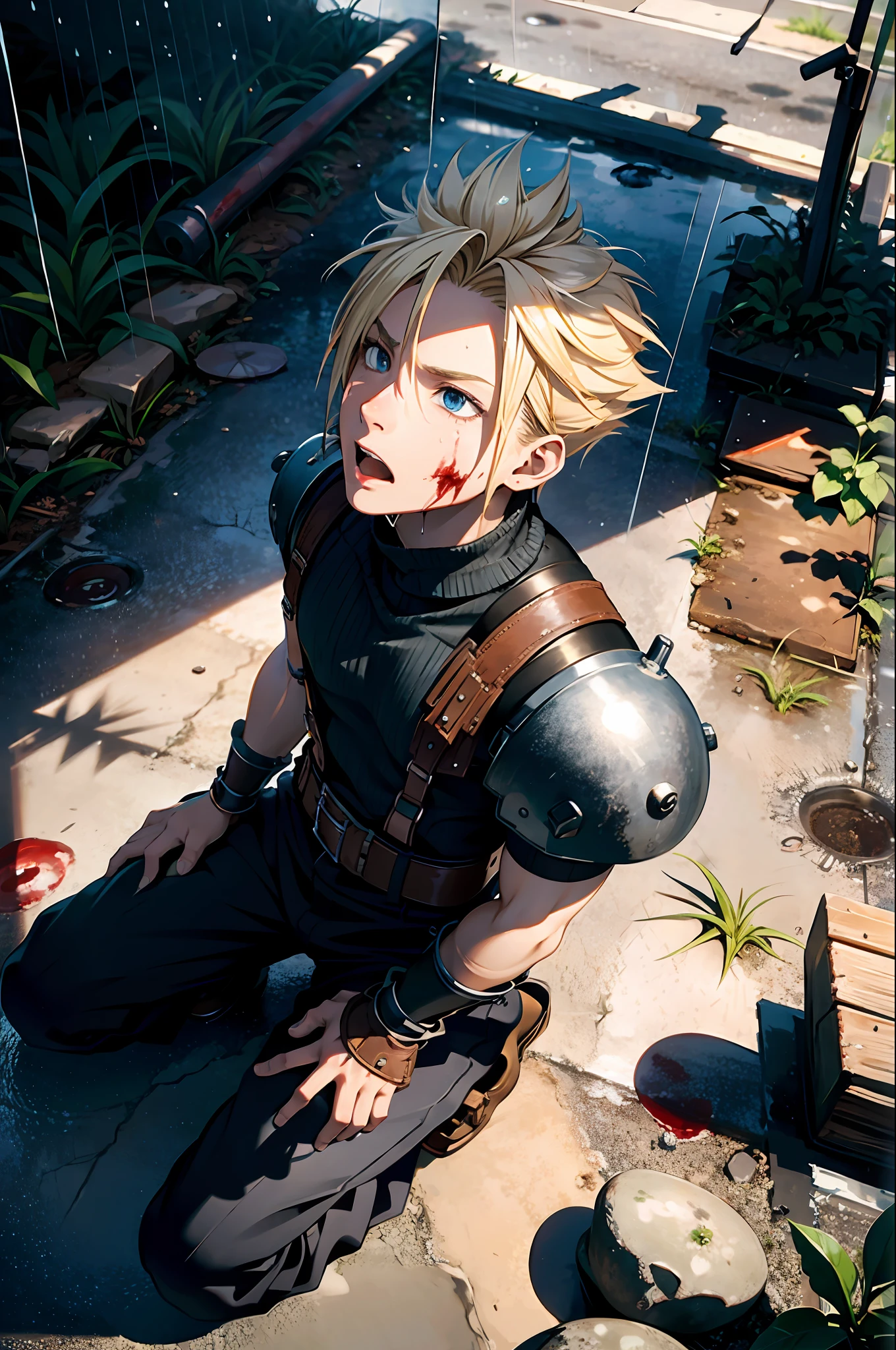 (best quality), (masterpiece), (realistic,) (photo-realistic), ultra-detailed,(from above:1.3),aerial view,
1boy,male focus,(looking up:1.4),(sitting:1.1),
cloud strife, shoulder armor, sleeveless turtleneck, suspenders, belt, baggy pants, gloves, bracer, boots,
(blood face:1.3),red liquid on face,(open mouth:0.9),shocked,
buster sword on the ground,
outdoor,(rain:1.5),wet,Wasteland,soil ground,
professional lighting, photon mapping, physically-based rendering,different angles