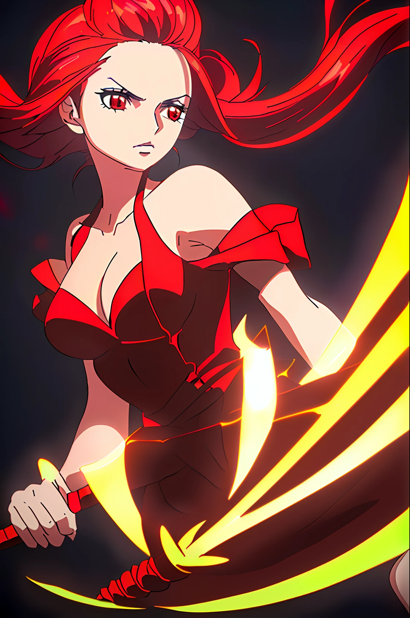 Thea 2: Wanostyle Art, Woman With A Spear, Red Hair, Masterpiece, Best Quality, Hyper-detailed, Glowing, Slender Skin, Small ???????, Sensual, Shoulders Showing, Dynamic Lighting, High Resolution, Sharp Focus, Depth of Field