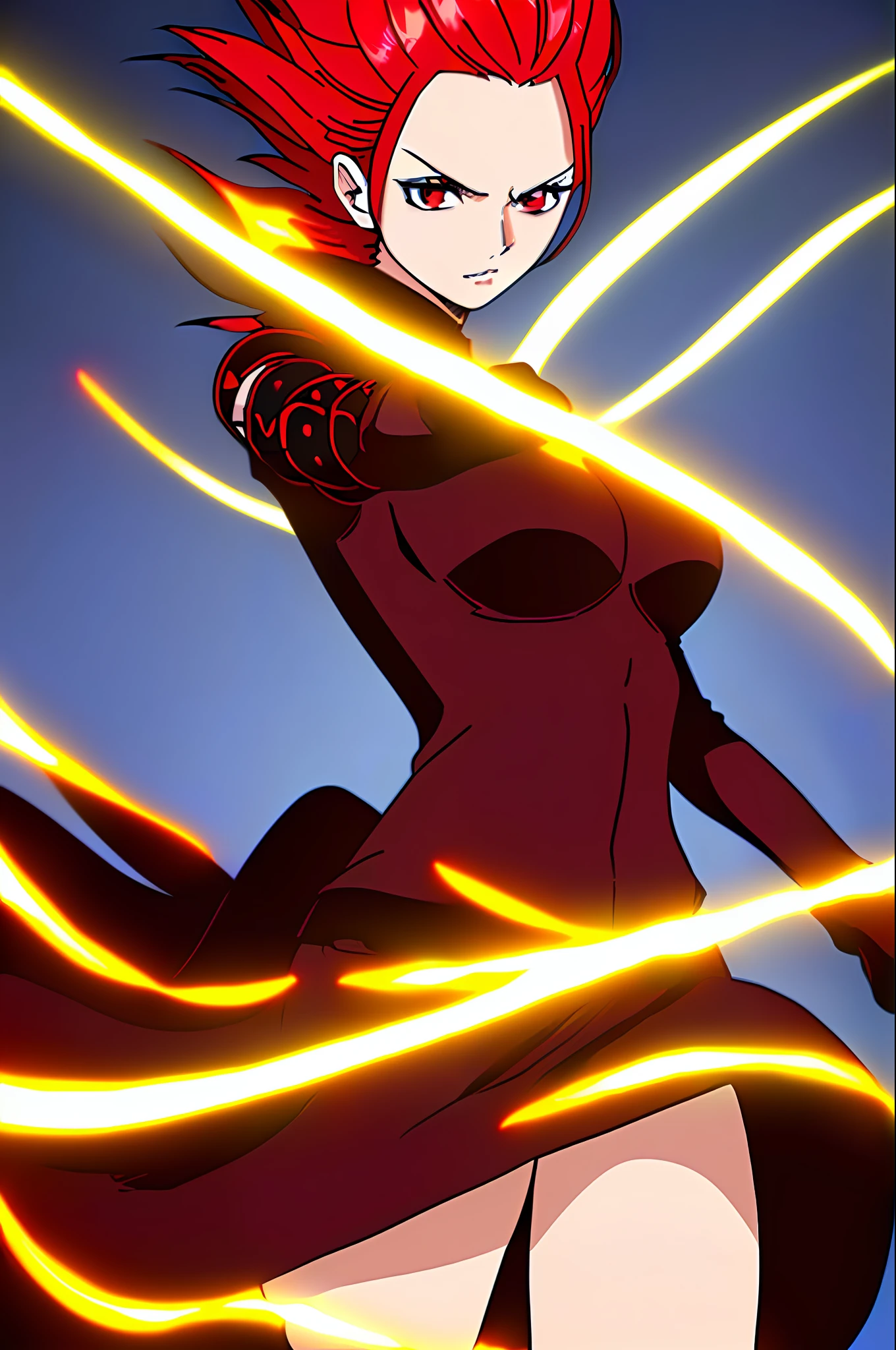 Thea 2: Wanostyle Art, Woman With A Spear, Red Hair, Masterpiece, Best Quality, Hyper-detailed, Glowing, Slender Skin, Small Breasts, Sensual, Shoulders Showing, Dynamic Lighting, High Resolution, Sharp Focus, Depth of Field