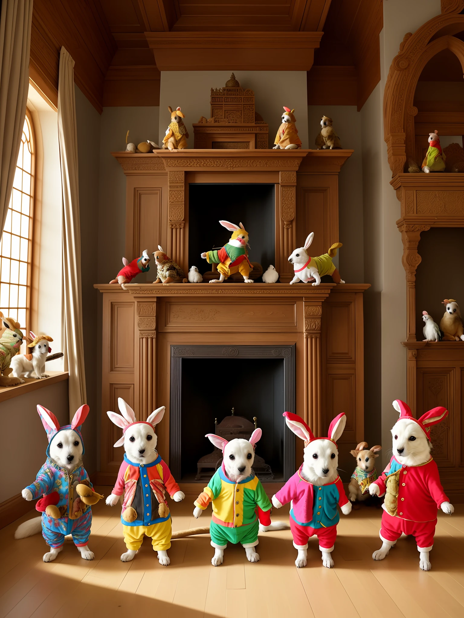 An ancient grand hall, where the dog, cat, rabbit and parrot (((wearing clothes :1.5))) gather around a cozy fireplace in majestic detail, Photography, captured with a wide-angle lens to showcase the scale and intricacy of the grand hall and a warm and intimate tone, emphasizing the enduring bond between them, --ar 3:2 --v 5