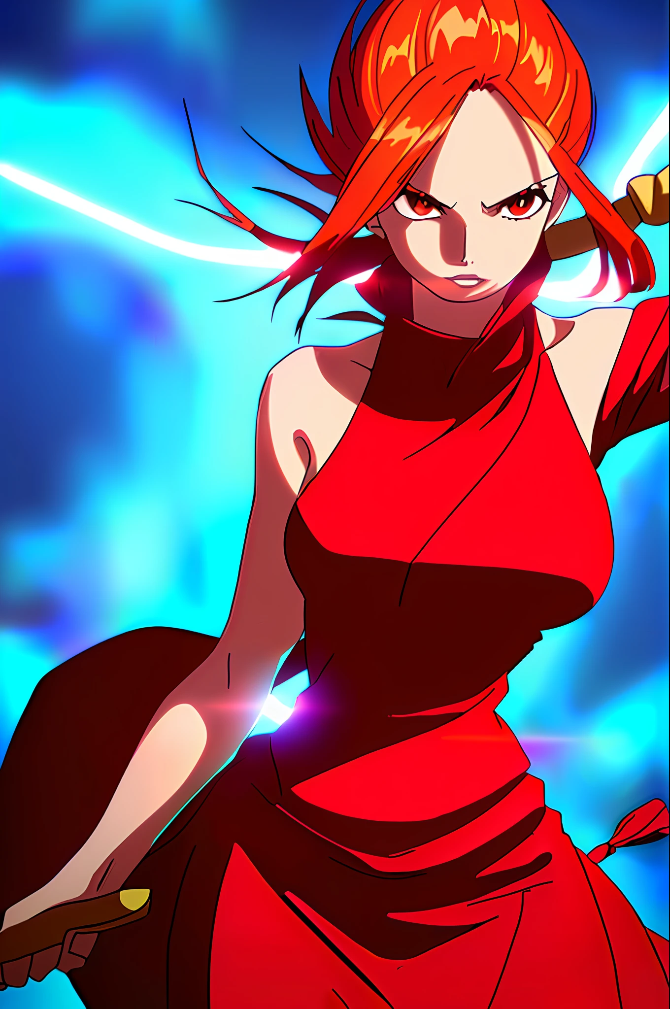 Thea 2: Wanostyle Art, Woman With A Spear, Red Hair, Masterpiece, Best Quality, Hyper-detailed, Glowing, Slender Skin, Small Breasts, Sensual, Shoulders Showing, Dynamic Lighting, High Resolution, Sharp Focus, Depth of Field