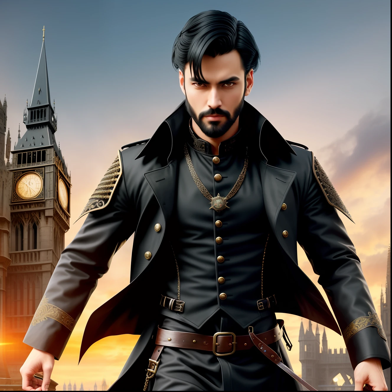 Handsome man with medium black hair and black beard in a black trench coat with intricate details in the medieval world in dynamic pose, empty hands
steampunk medieval london background , [Asian:Scandinavian:28]
hyper-detailed, cinematic,
Photorealistic, volumetric light and intricate shadow, highly detailed, smooth, sharp focus, super detailed