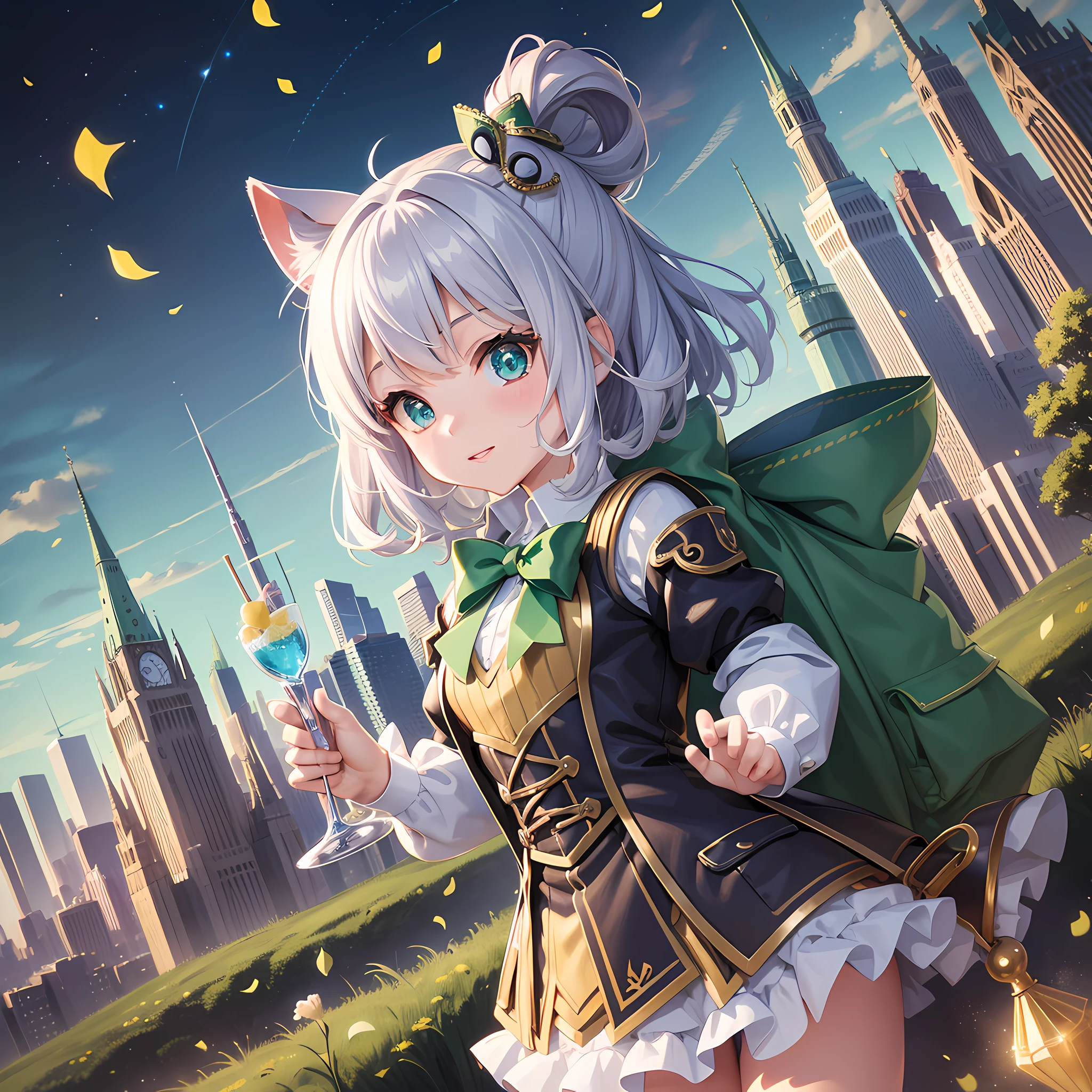 A charming chibi girl dressed as a magical adventurer in the whimsical world of Oz, her bunny companion by her side, standing in awe before the majestic Emerald City, the cityscape sparkling with shimmering emerald hues, flying bubbles and confetti adding a touch of magic, Illustration, digital art with a combination of cel-shading and soft shading techniques, --ar 16:9 --v 5
