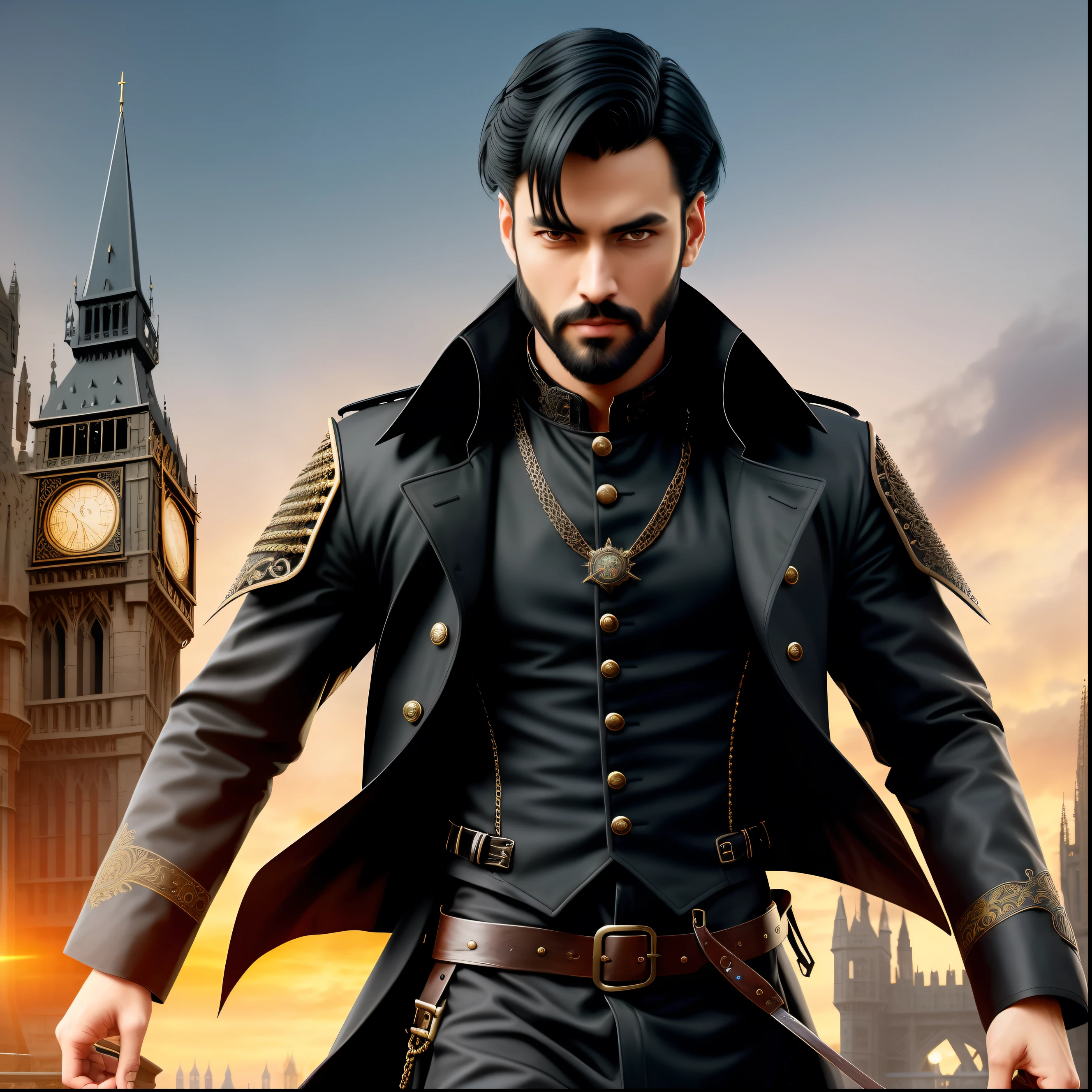 Handsome man with medium black hair and black beard in a black trench coat with intricate details in the medieval world in dynamic pose, empty hands
steampunk medieval london background , [Asian:Scandinavian:28]
hyper-detailed, cinematic,
Photorealistic, volumetric light and intricate shadow, highly detailed, smooth, sharp focus, super detailed