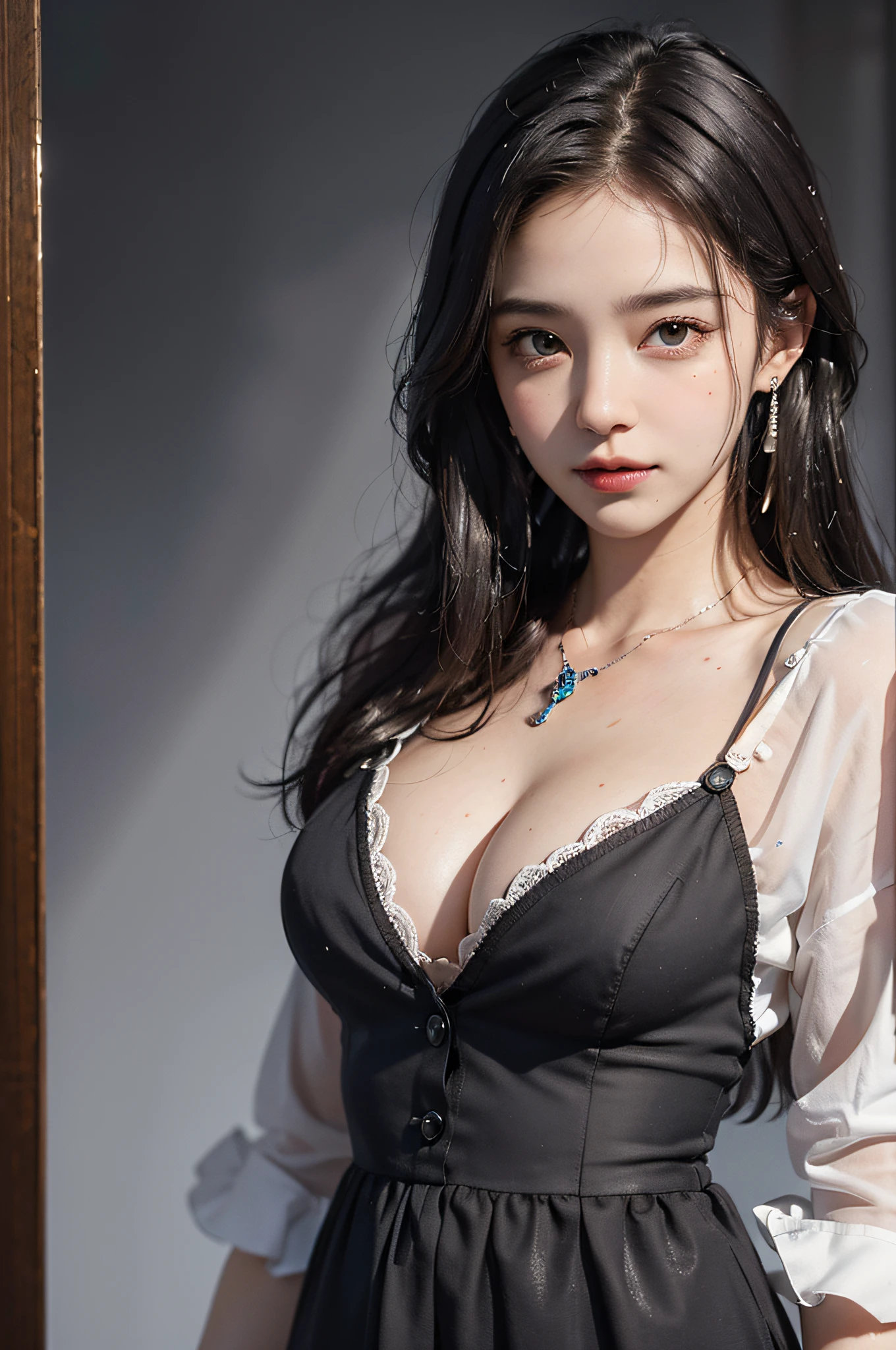 Top quality, masterpiece, illustration, very delicate and beautiful, very detailed, CG, unity, 8K wallpaper, fine detail, huge file size, very detailed, high resolution, (buttons up to shirt length: 1.2), (white shirt wet in the rain), (unbuttoned shirt: 1.1), big, deep cleavage, amazing, handsome detailed woman, highly detailed eyes and face, stunning detailed eyes, Face light, (best illustration: 1.1), (best shadow: 1.1), super high resolution, (photorealistic: 1.1), (photorealistic 1.2:1.1), realistic face proportions, slim, smile, (makeup: 0.4), (fluffy black eyes: 1.21), black eyes, viewer show, dark brown hair, earrings, necklace, hairpin, cowboy shot(Irregular irregular skin defects, veins, skin wrinkles, pores: 1.2), (dark night background: 1.2), (Bokeh: 1.4)