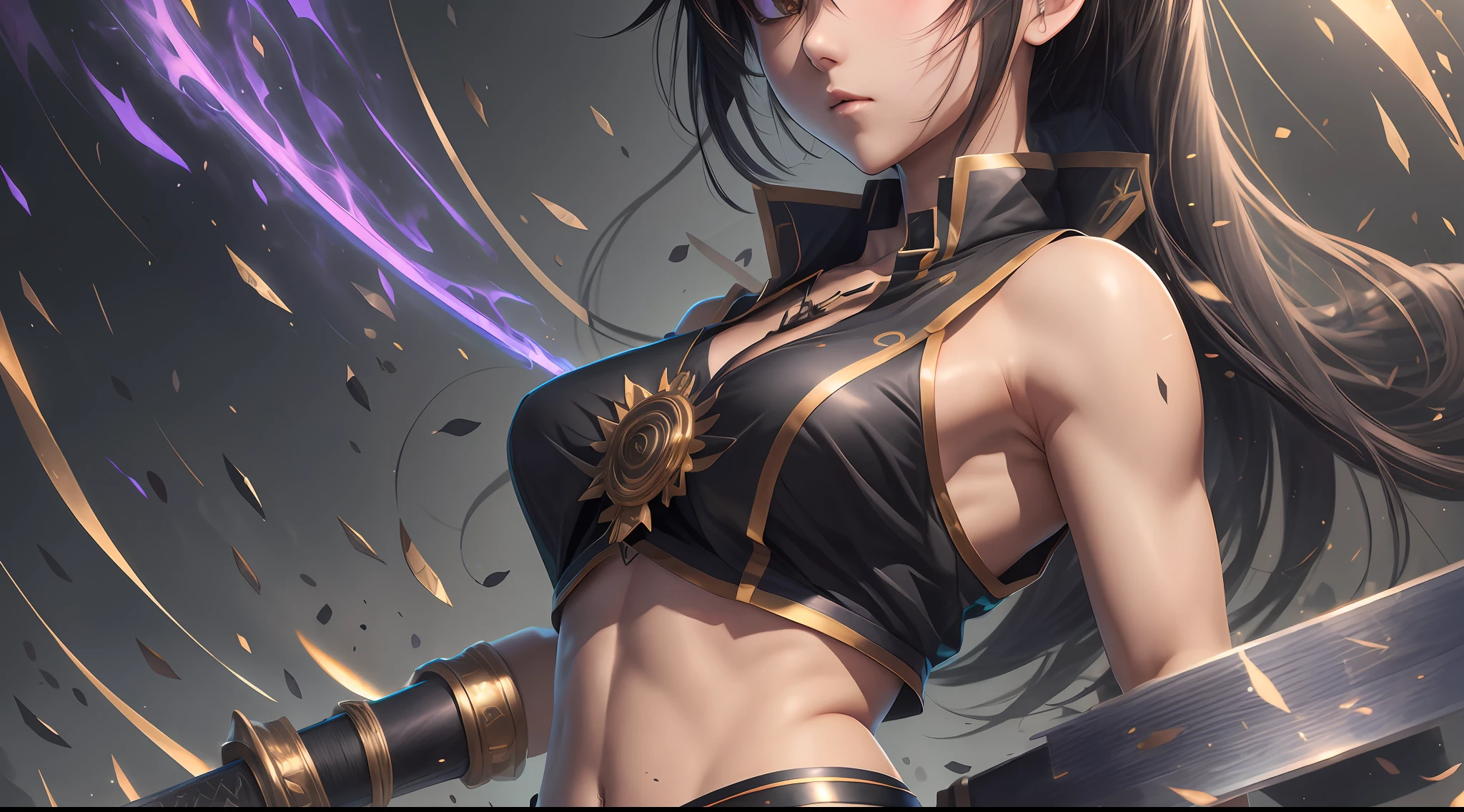 8k high definition, girl, anime, sleeveless blouse, short skirt, battle poze, black hair, eyes golden, katana. gray background, daylight, perfect body, detailed skin, medium chest, tomboy girl, masterpiece, best quality, stiff nipple, high resolution. --auto --s2