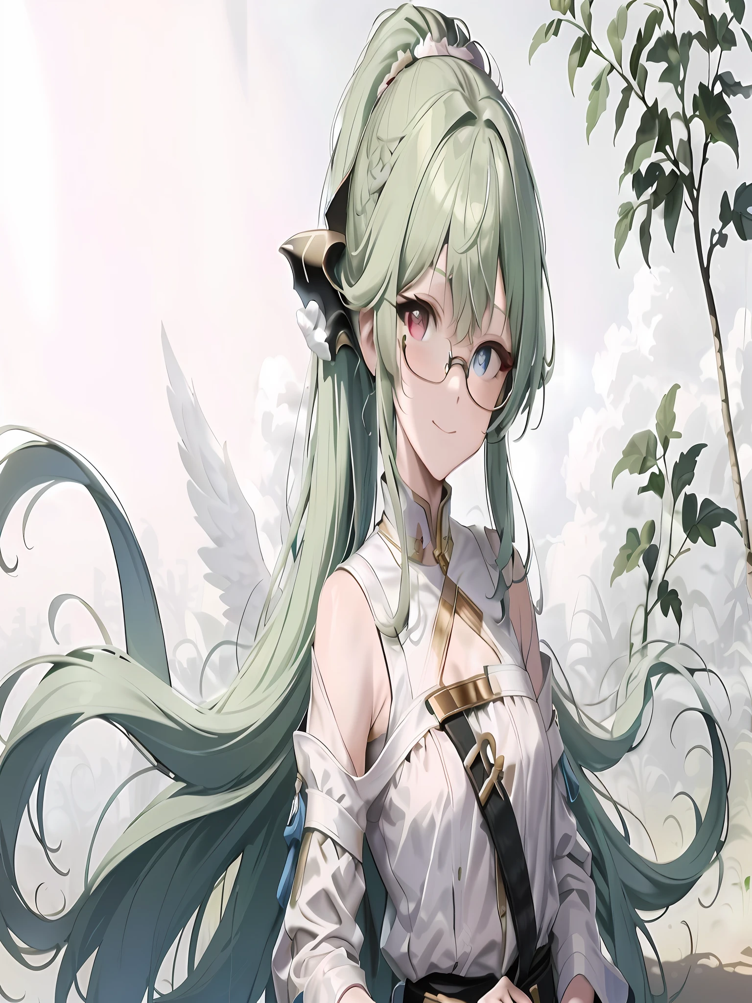 (8k, best quality, masterpiece: 1, 2), (realistic, realistic: 1, 37), top quality, masterpiece, no inner inside, glasses, green hair, long hair, bangs, big ponytail, heterochromia, blue pupil of left eye, red pupil of right eye, angel wings, head ring, white head flower, casual wear, black backpack strap, neck strap, bare foot, bare foot, single foot, leg ring, flat chest, tomboy