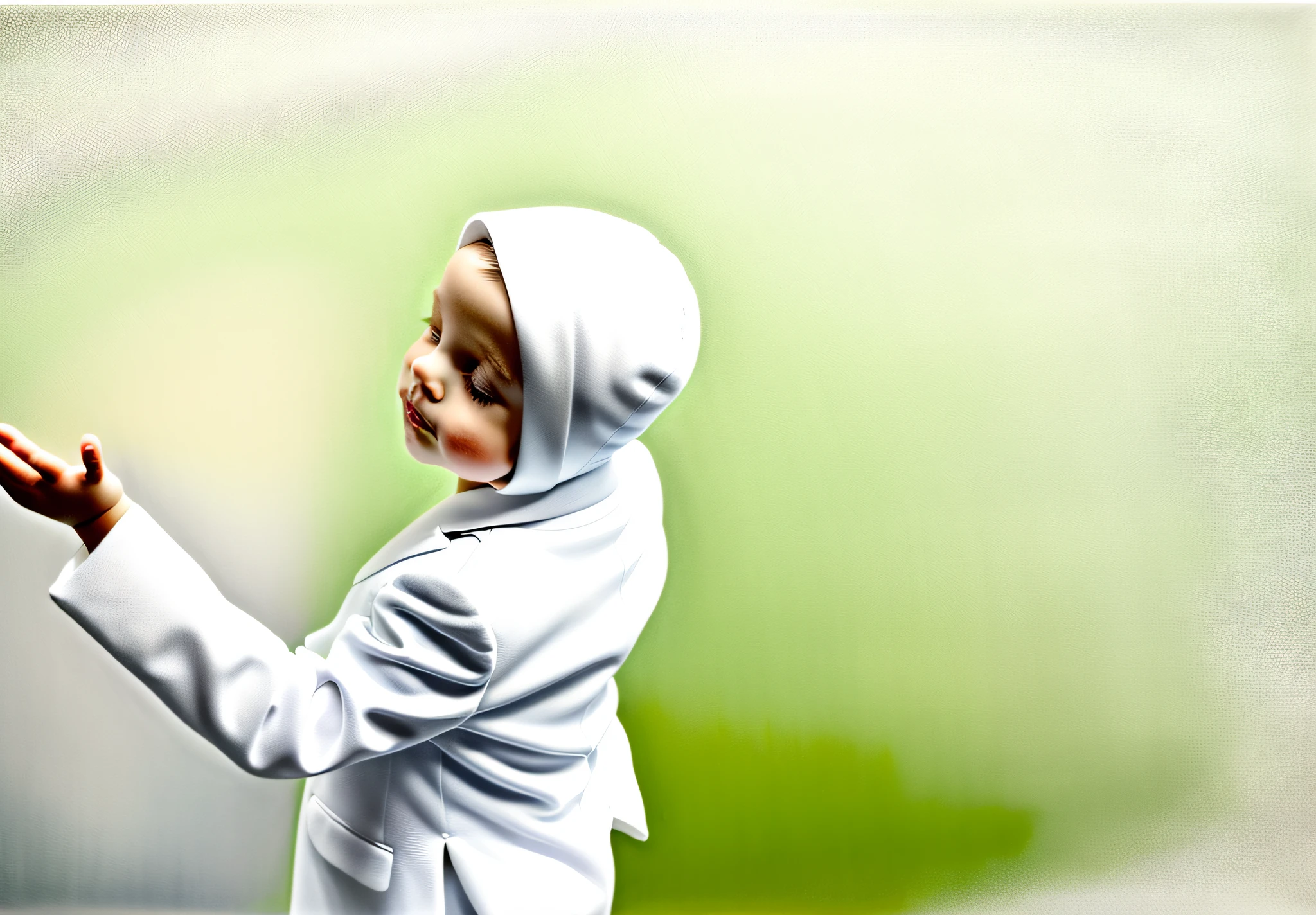 a  in three-pieces pure white suit, standing and put up two hands, three-pieces pure white suit, art painting texture