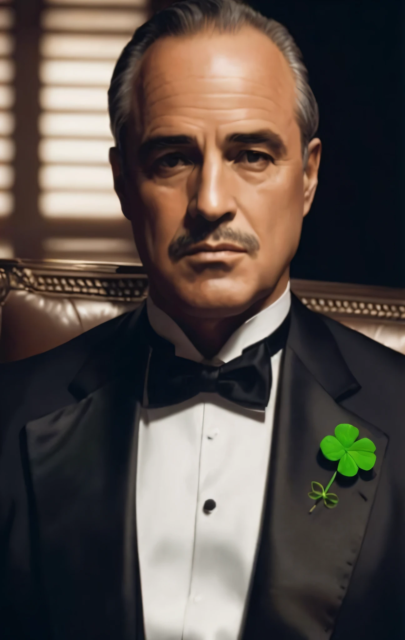 arafed image of a man in a tuxedo with a shamrock on his lapel, godfather, the godfather, marlon brando as the godfather, alexander lukashenko in scarface, masterpice, mobster, tony montana, sylvester stallone, hearts of iron portrait, green suit and bowtie, floro details, high detailed tom selleck face