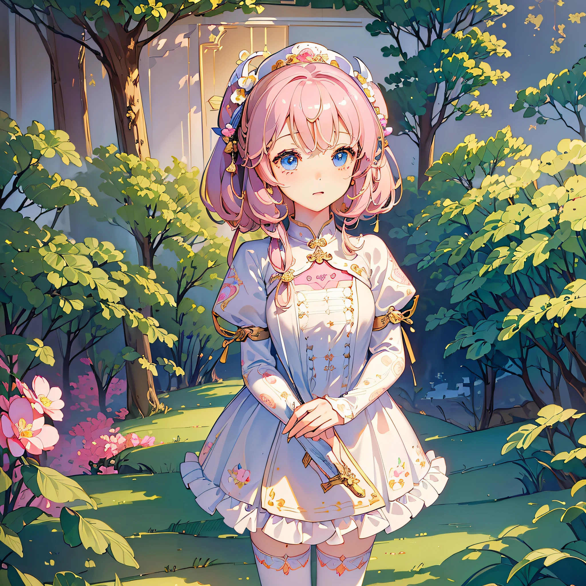 (masterpiece:1.2), (artwork:1.3), (amazing art:1.4), (best illustrator artist:1.3), (best luminosity), (best ultra-detailed, ultra-realistic, ultra-illustrated graphic:1.5), (chibi-cute+kawaii style:1.5) (kawaii cute best), (cute kawaii:1.2) 0.3), a cute little girl with short blonde hair, bright bright pearly pearly blue eyes bioluminescent luminecent, wearing a cute pink dress with fluffy ruffles,  in one (extremely detailed CG unit wallpaper:1.8), of a very beautiful garden with amazing flowers in a beautiful and well-illustrated painting, cinematic lighting of cinema studios Paramount and Wit. 0.8] --auto --s2