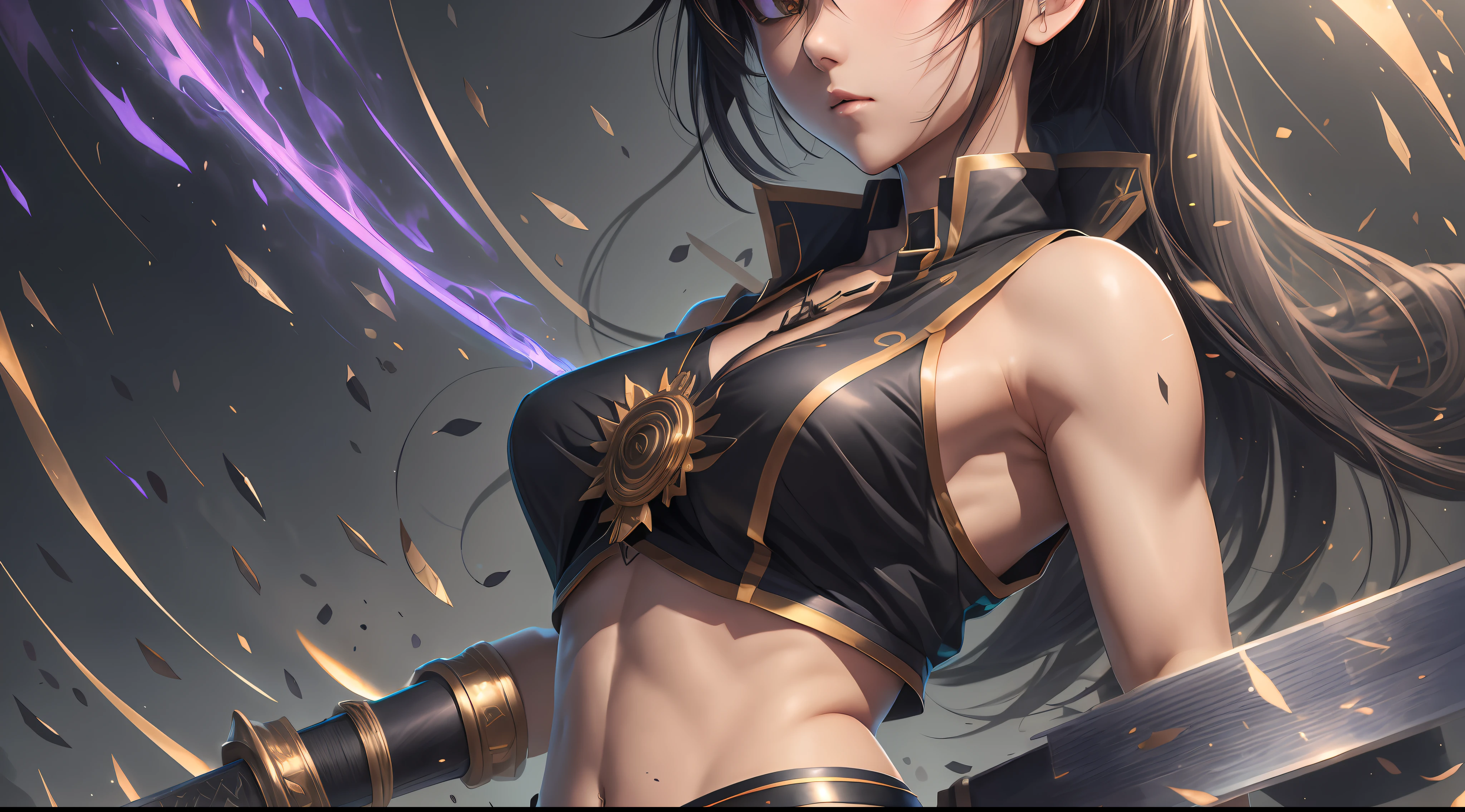 8k high definition, girl, anime, sleeveless blouse, short skirt, battle poze, black hair, eyes golden, katana. gray background, daylight, perfect body, detailed skin, medium chest, tomboy girl, masterpiece, best quality, stiff ??????, high resolution. --auto --s2