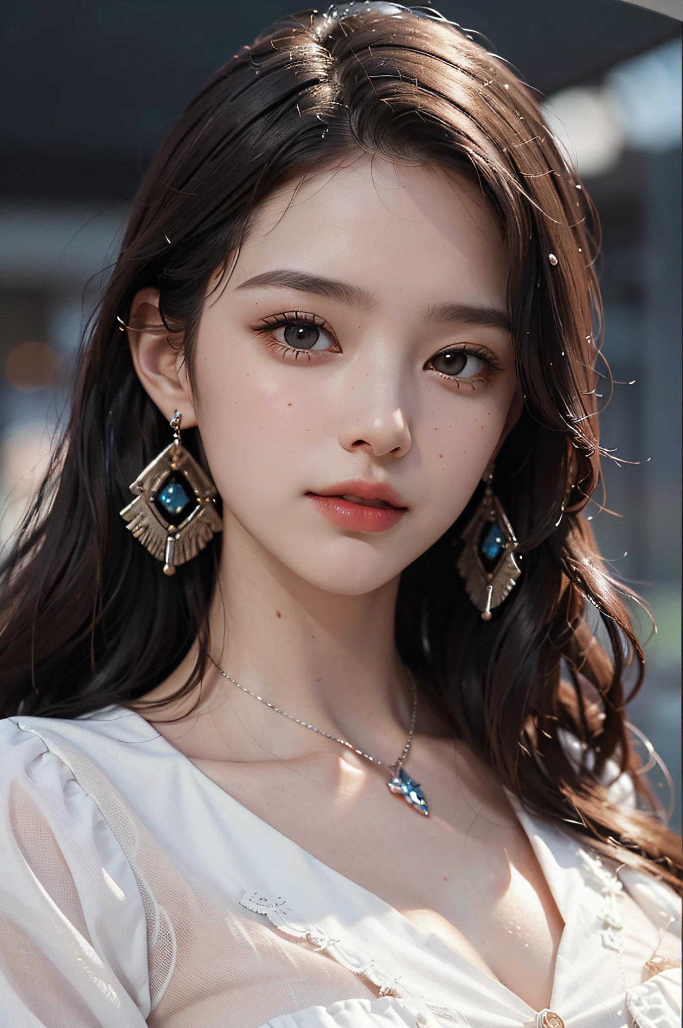 Top quality, masterpiece, illustration, very delicate and beautiful, very detailed, CG, unity, 8K wallpaper, fine detail, huge file size, very detailed, high resolution, (buttons up to shirt length: 1.2), (white shirt wet in the rain), (unbuttoned shirt: 1.1), big, deep cleavage, amazing, handsome detailed woman, highly detailed eyes and face, stunning detailed eyes, Face light, (best illustration: 1.1), (best shadow: 1.1), super high resolution, (photorealistic: 1.1), (photorealistic 1.2:1.1), realistic face proportions, slim, smile, (makeup: 0.4), (fluffy black eyes: 1.21), black eyes, viewer show, dark brown hair, earrings, necklace, hairpin, cowboy shot(Irregular irregular skin defects, veins, skin wrinkles, pores: 1.2), (dark night background: 1.2), (Bokeh: 1.4)