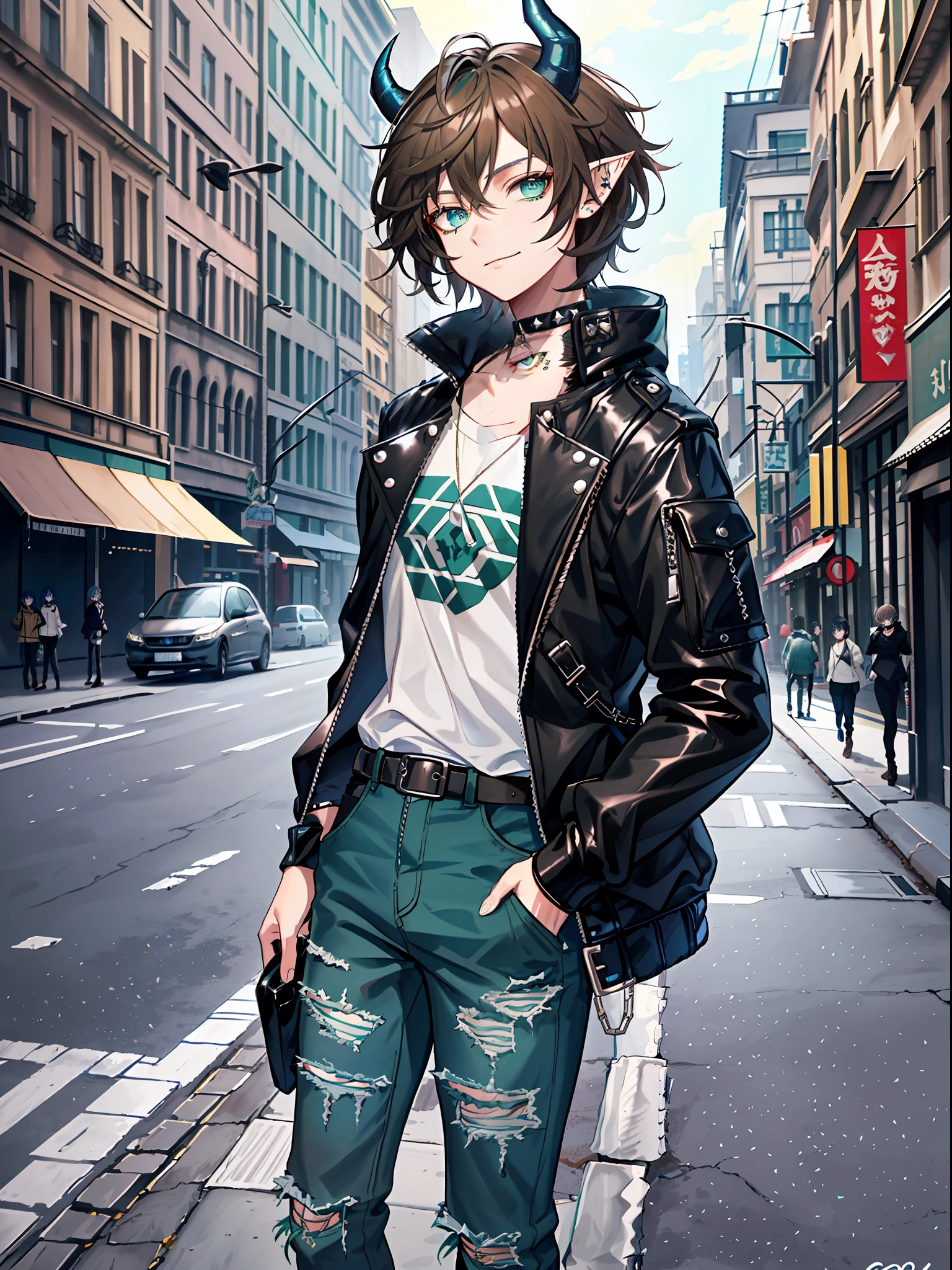 ((highest quality, masterpiece, 4k, finely detailed, detailed eyes, detailed face, intricate details, gelbooru, pixiv)), warm lighting, ((solo)), 1boy, male, masculine, skinny, lanky, pointy ears, ((shaggy, middle long brown hair, a lot of loose strands, bangs falling into face, blue-green demon horns)), ((blue-green eye color, half-lidded neutral eye shape, tired eyes, eyeliner under eye)), dynamic pose with hands in jacket pockets, looking at viewer, smiling, (((Shirt with baggy jacket and lots of straps over it, black choker, ripped skinny jeans in a black color, a lot of belt straps with spikes, punk style fashion))), (((scar on nose))), city background