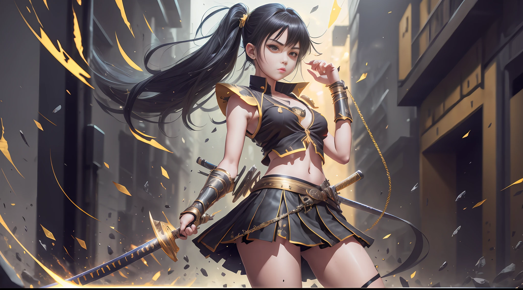 8k high definition, girl, anime, sleeveless blouse, short skirt, battle poze, black hair with golden details, yellow eyes, katana. gray background, daylight, small chest, neckline, perfect body, full body, tomboy girl, masterpiece, best quality, hard nipple, high resolution, pc wallpaper --auto --s2