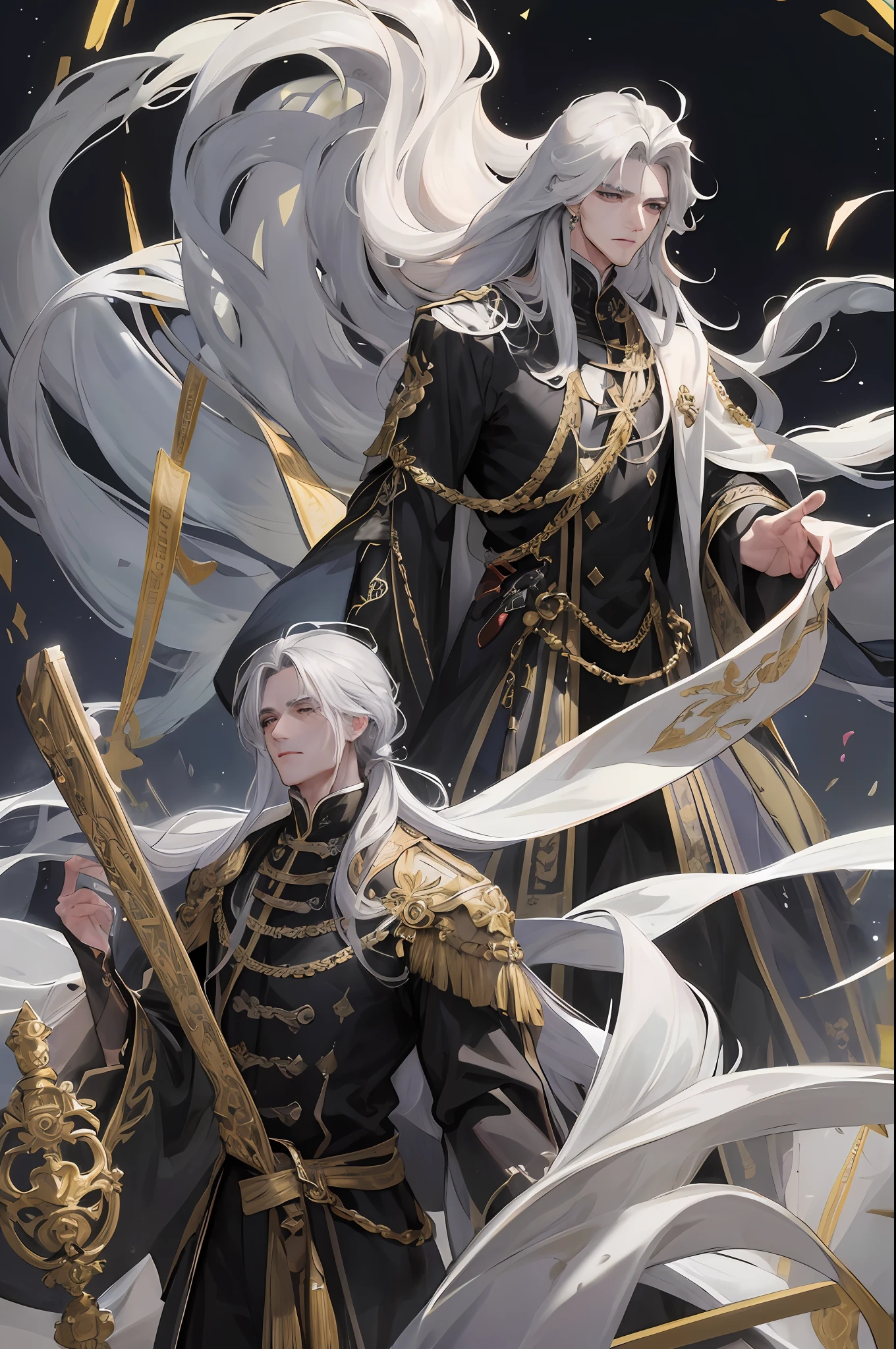 masterpiece, best quality, night, full moon, single man, gray hair, black eyes, black eyes, split hair, long hair, long hair, masculine, serious, gentle, tall, calm, white silk clothes, gold pattern, dragon pattern road, prince, universe, nature