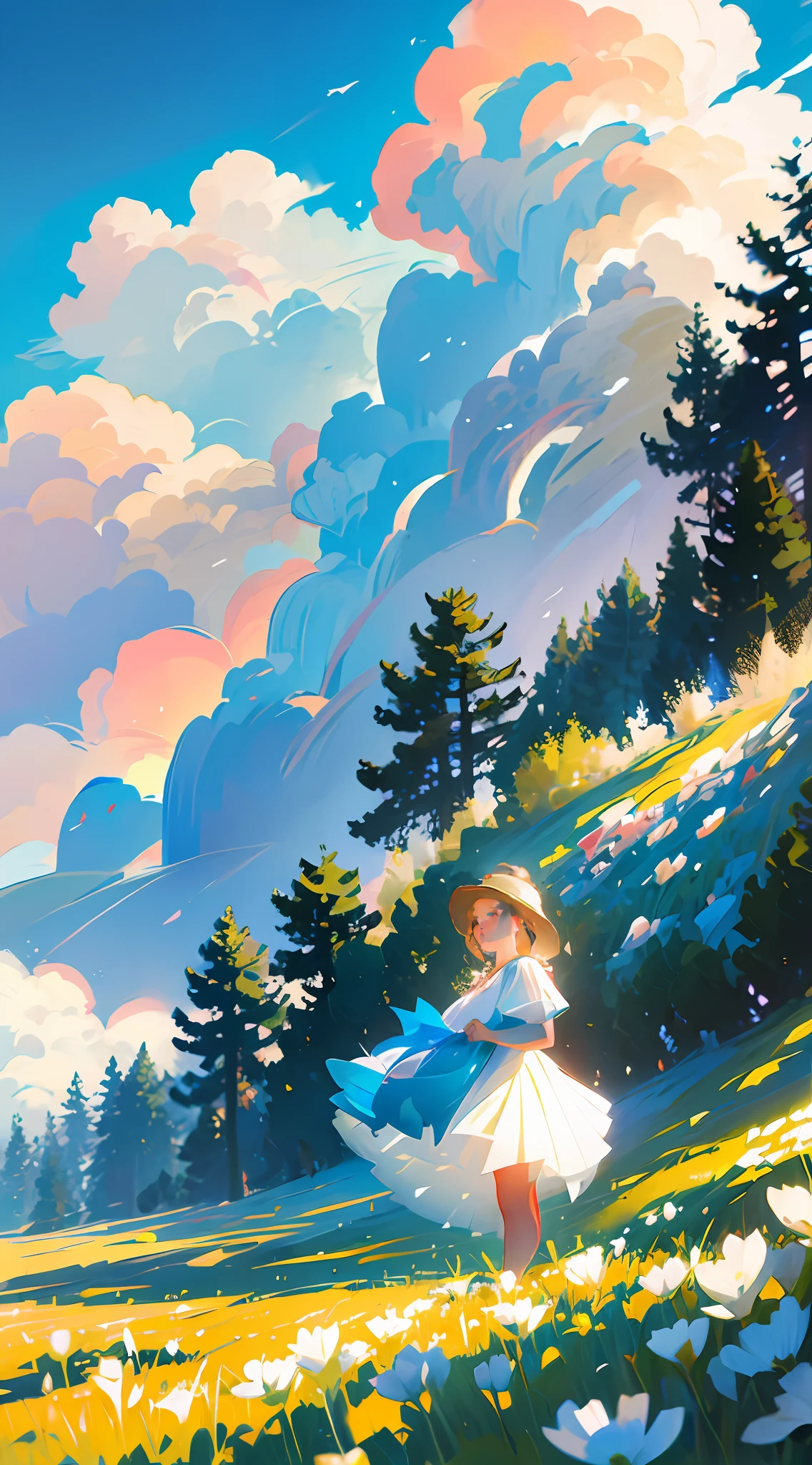 Big clouds, blue sky, flowers