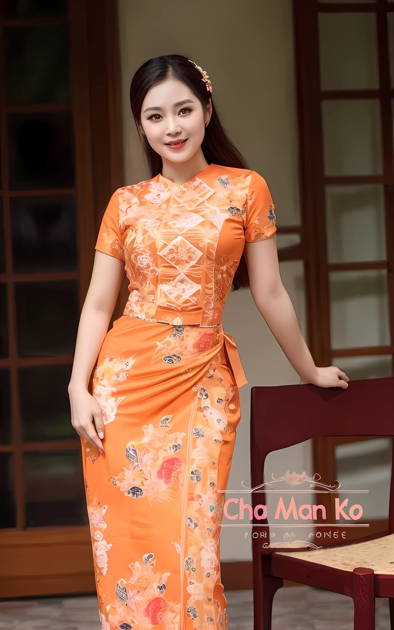 a woman in an orange dress standing next to a chair, in style of lam manh, cheongsam, ao dai, mai anh tran, chinese dress, lovely woman, traditional tai costume, woman model, vietnamese woman, dang my linh, wearing a red cheongsam, traditional beauty, traditional chinese, chinese woman, traditional dress, photoshoot