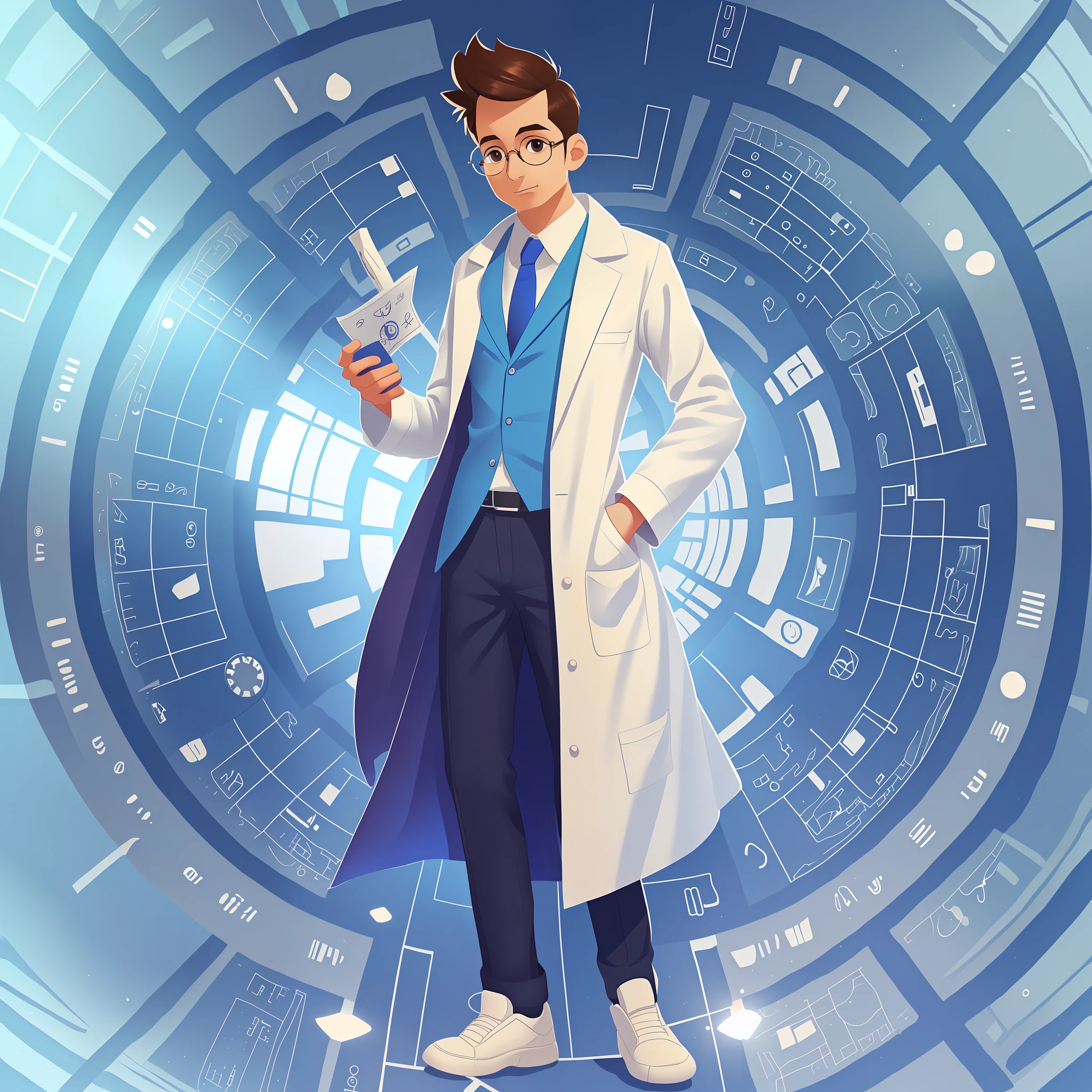 Male doctor, very skinny, cartoon doctor, Q version doctor, white coat, inch hairstyle, glasses, 3d rendering, blue background, full body photo