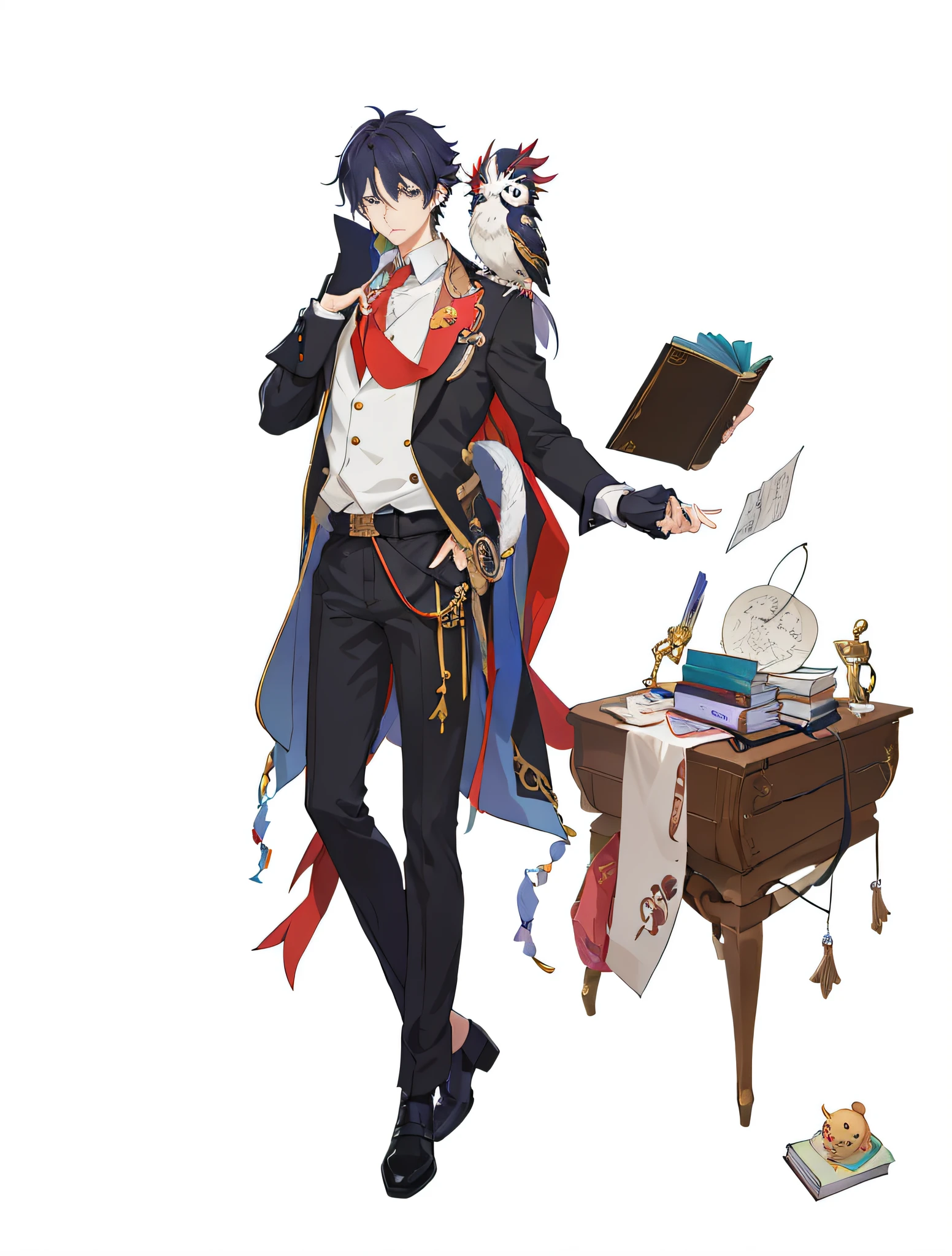 anime character with a book and a bird on his shoulder, 2 d anime, 2 d anime style, 2d art, 2 d art, machiavellian puppetmaster, ace attorney style, inspired by Okumura Masanobu, nobutaka ike, official art, 2d art cover, official character art, zerochan, 2d movie still