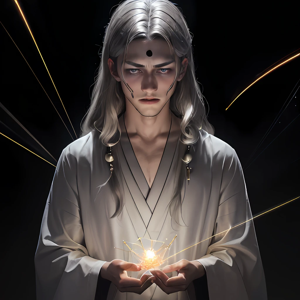Masterpiece, best quality, MTSpiderV4, (((1 young innocent boy)), HDR, very detailed eyes and face, goth, solo, white skin, long hair, beads, japanese clothes, white kimono, silk, stone, forest, northern lights, spider web, (glowing metal objects hovering in the air and encircling him: 1.2), (arcs and sparks: 1.2), (energy flow: 1.2), (translucent magnetic field lines: 1.2), (gold and silver gray and flashing light effects: 1.2),