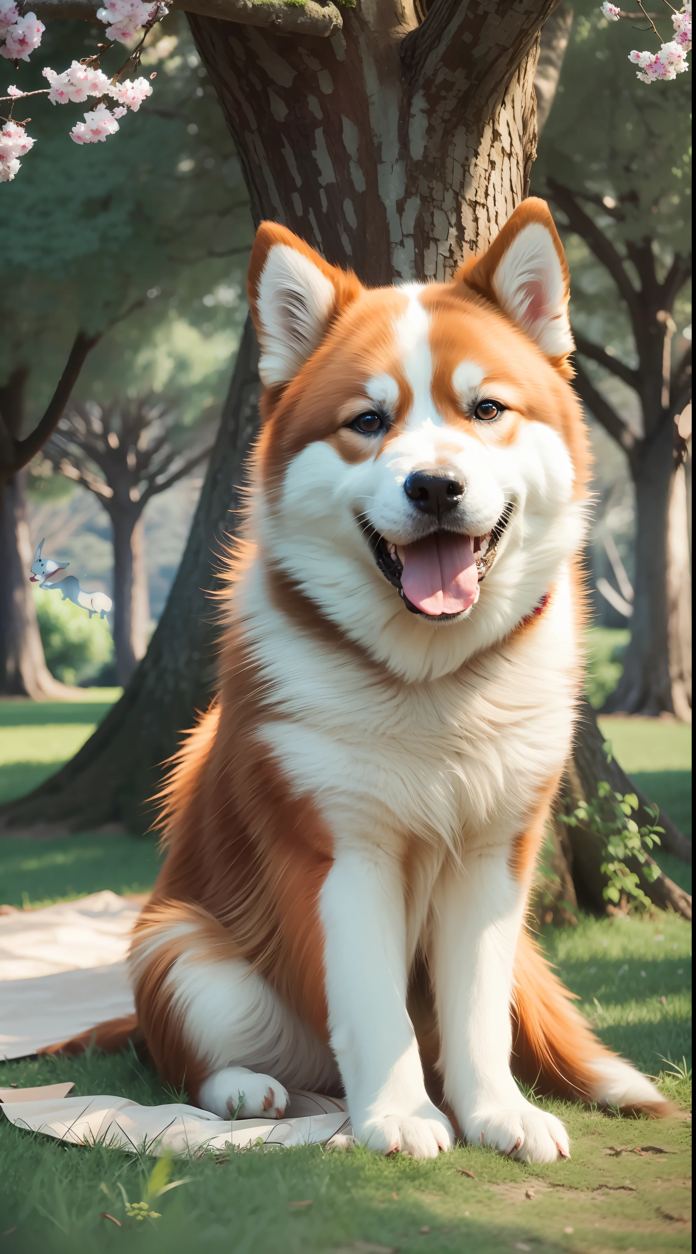 Akita dog, slightly skinny, sitting on the lawn, a big tree in the distance, happy, smiling, masterpiece, 8k, high resolution, highest texture, better face, rich details, --v6