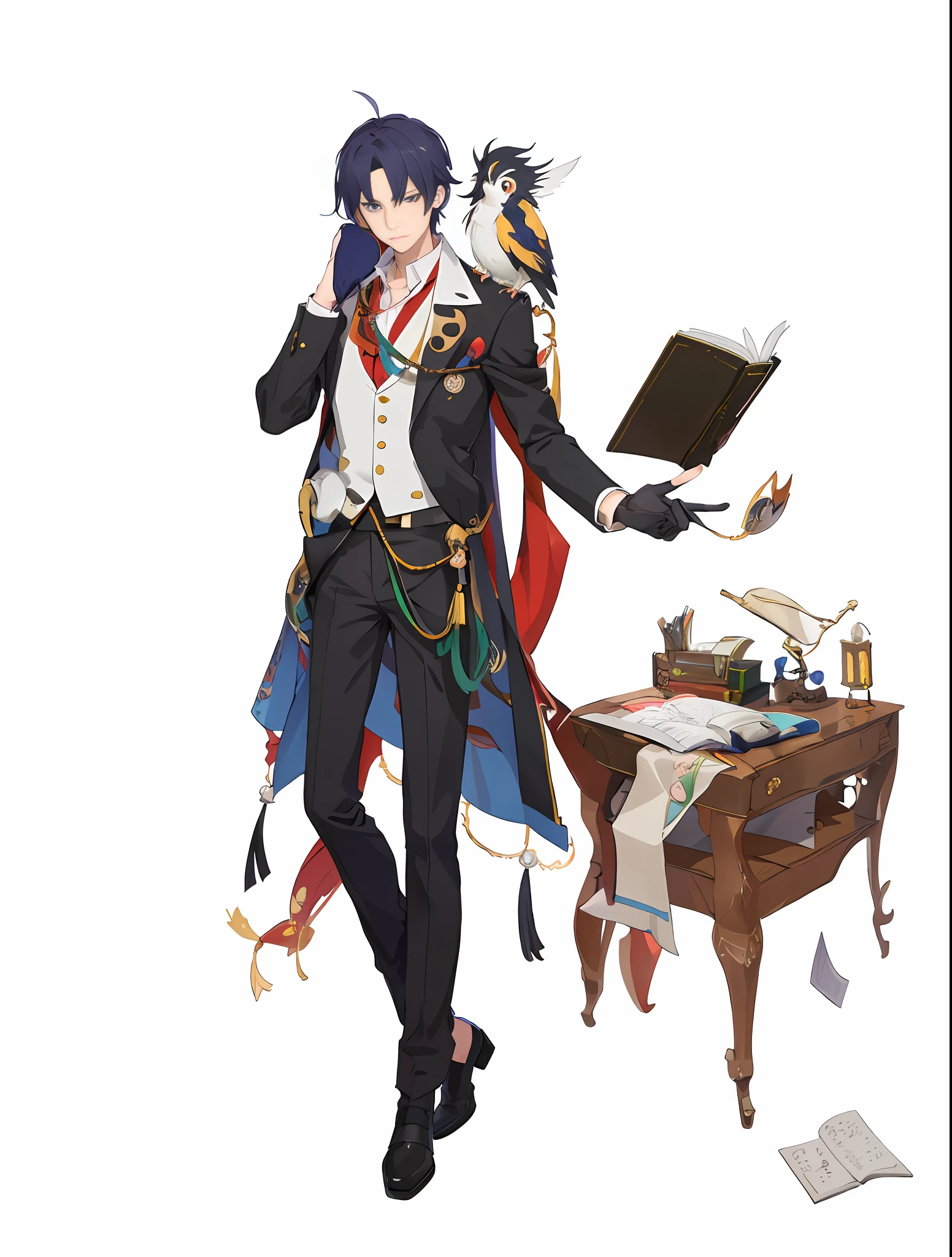 anime character with a book and a bird on his shoulder, 2 d anime, 2 d anime style, 2d art, 2 d art, machiavellian puppetmaster, ace attorney style, inspired by Okumura Masanobu, nobutaka ike, official art, 2d art cover, official character art, zerochan, 2d movie still