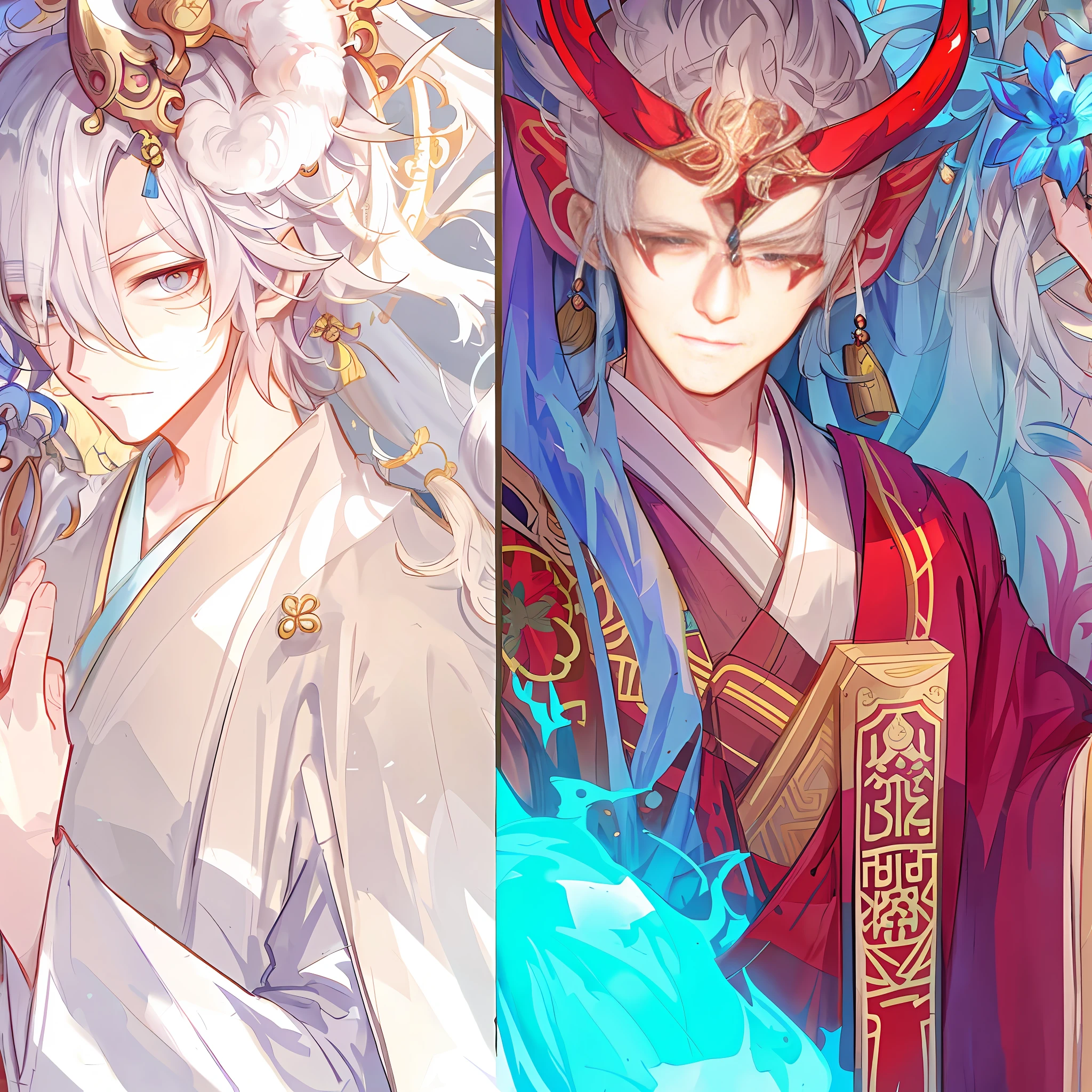 Envision anime male characters with different costumes and hair styles, onmyoji detailed art, alphonse mucha and rossdraws, onmyoji, trending on artstation pixiv, anime in fantasy style, white haired deity, anime fantasy illustration, trending on cgstation, korean art nouveau anime, flowing white robes, detailed fanart, yiqiang and shurakrgt, chinese mythology as; a serene village filled with individuals who boast hair in a variety of striking and vivid colors. Their attire marries the fluid elegance of loose Chinese robes, decorated with intricate designs, and the ornate beauty of Hindu jewelry. Each piece of their outfit is a testament to their vibrant, richly blended culture. handsome, good-looking, sexy, muscular, elegant, bare chest,