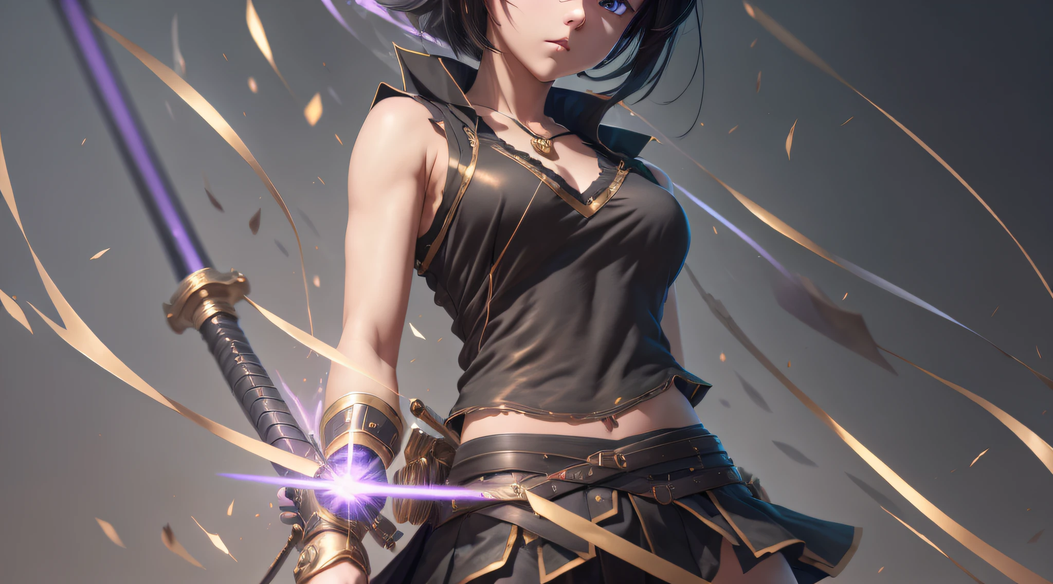 8k high definition, girl, anime, sleeveless blouse, short skirt, battle poze, black hair, eyes golden, katana. gray background, daylight, small chest, neckline, perfect body, whole body, tomboy girl, masterpiece, best quality, hard nipple, high resolution, pc wallpaper. --auto --s2