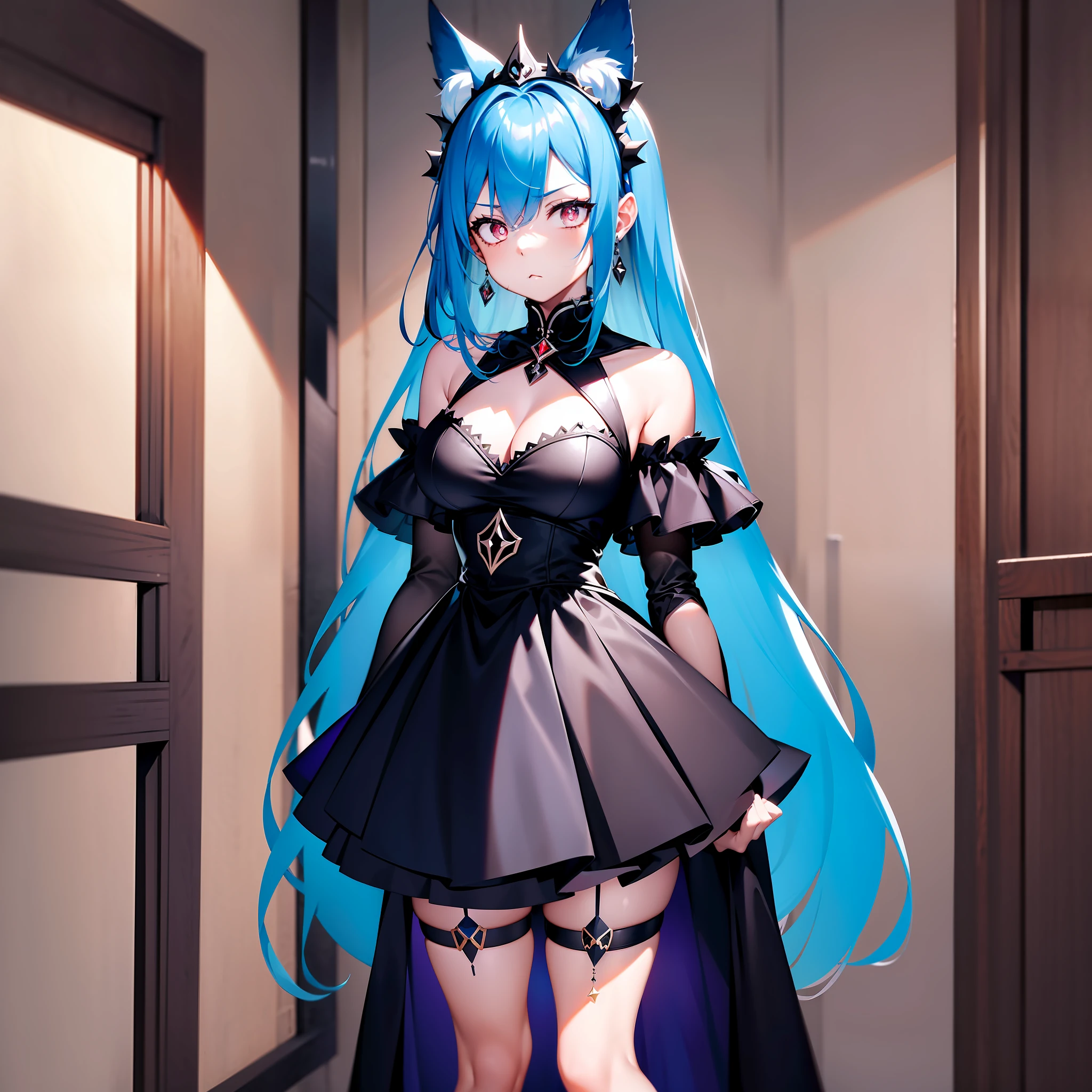 1girl, Short, black tiara with thorns, emotionless, black dress with mini skirt, full body, large thighs, long blue hair, top blue hair, chained lower red hair, blue fox ears, scorpion tail, large bust, gray eyes, gray pupils, standing, room, scanned, , Hedda Sterne