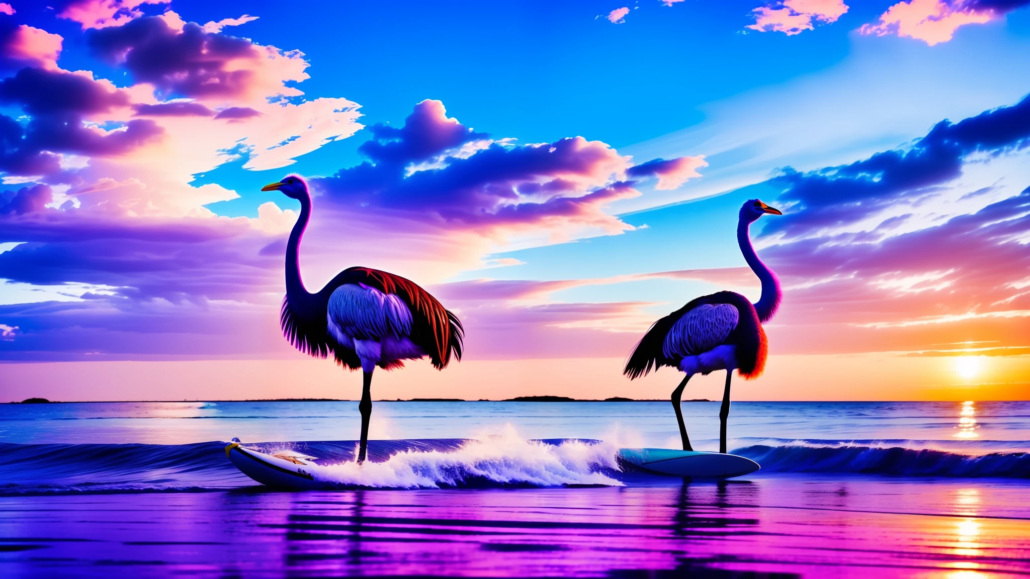 A nostr nostrich ostrich on a surfboard, big purple ostrich riding surfboard. Huge aqua wave background. (purple ostrich:1.1), (nostr:1.2), amazing wallpaper, beautiful sun ray clouds