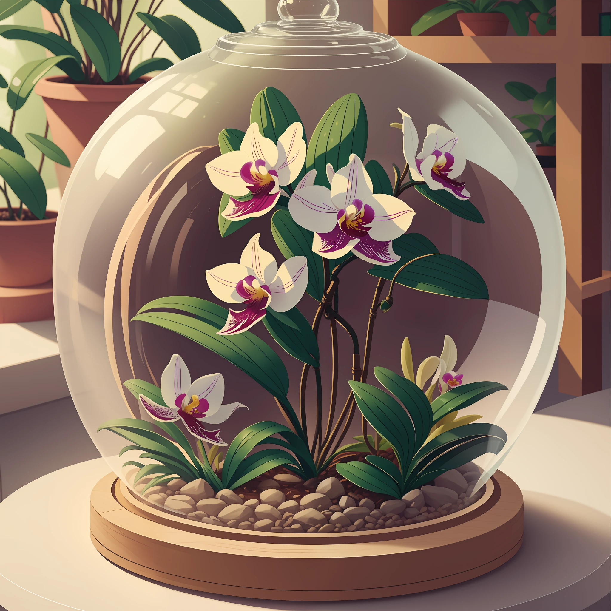 "I'm looking for a logo for my Instagram profile, which talks about growing indoor orchids. I want to convey the idea of a protected orchid within a controlled environment, such as a glass dome or a transparent greenhouse. The species I would like to use in the logo is Cattleya harossoniana. I would like something simple but elegant that represents the care and attention I devote to my orchids. Any ideas?" --auto --s2