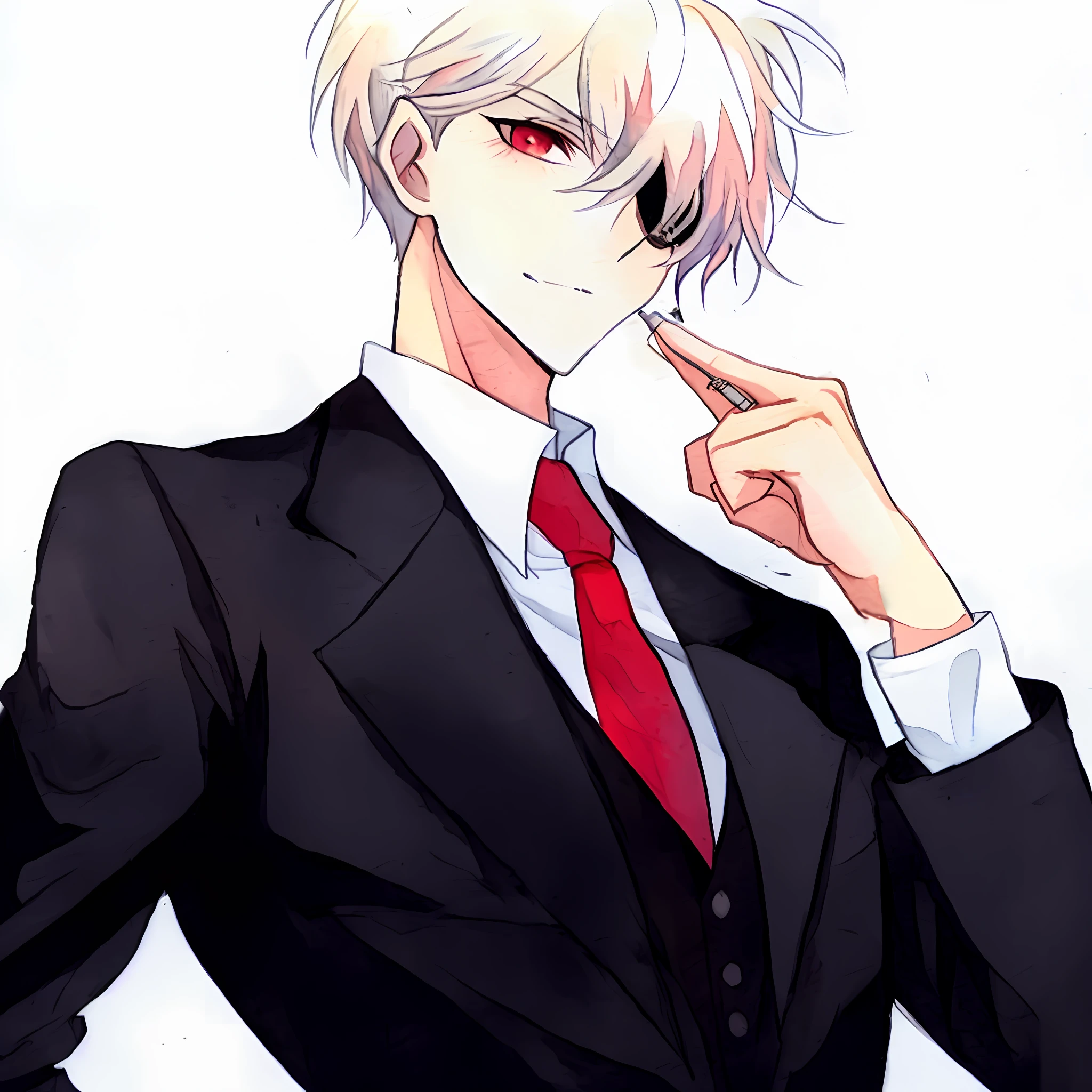 Man in suit with red tie, red eyes, eye patch over left eye, analog line drawing with pen and coloring by watercolor