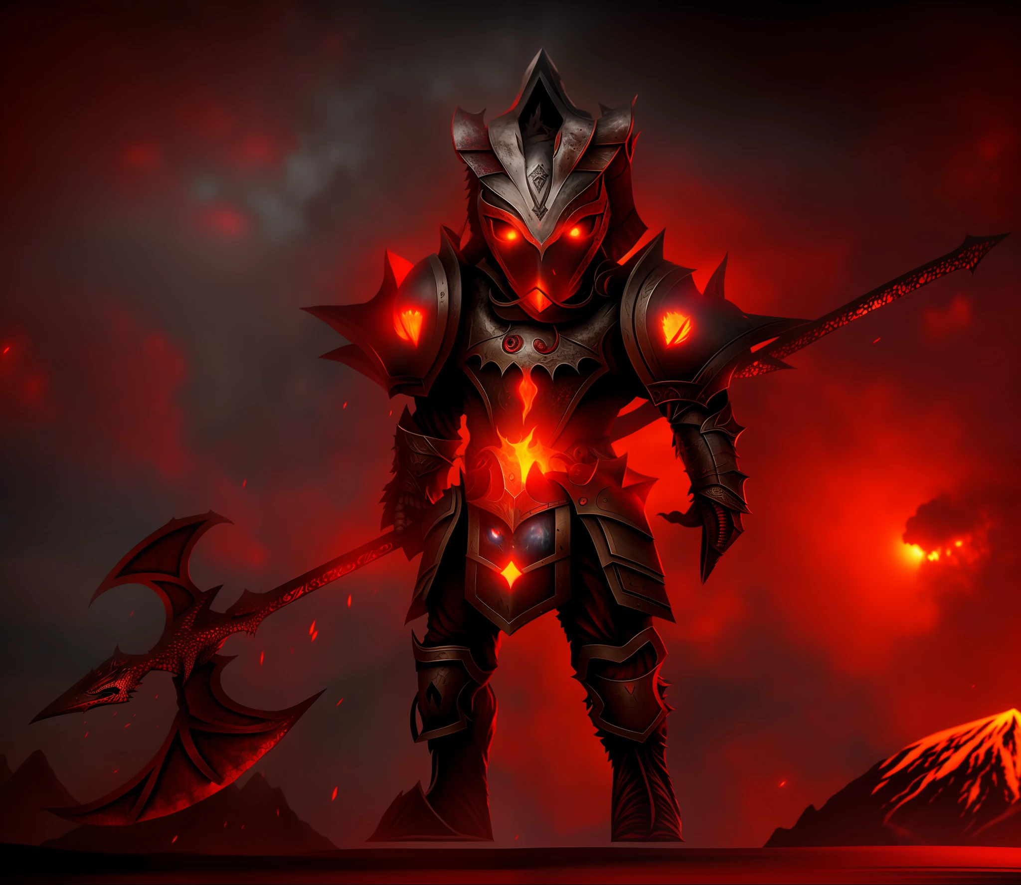 Dragon knight, eyes mouth and nose appearing, helmet open in front, red eyes, imposing, with volcanoes background, black and red armor, best quality, 8k, masterpiece:1.3