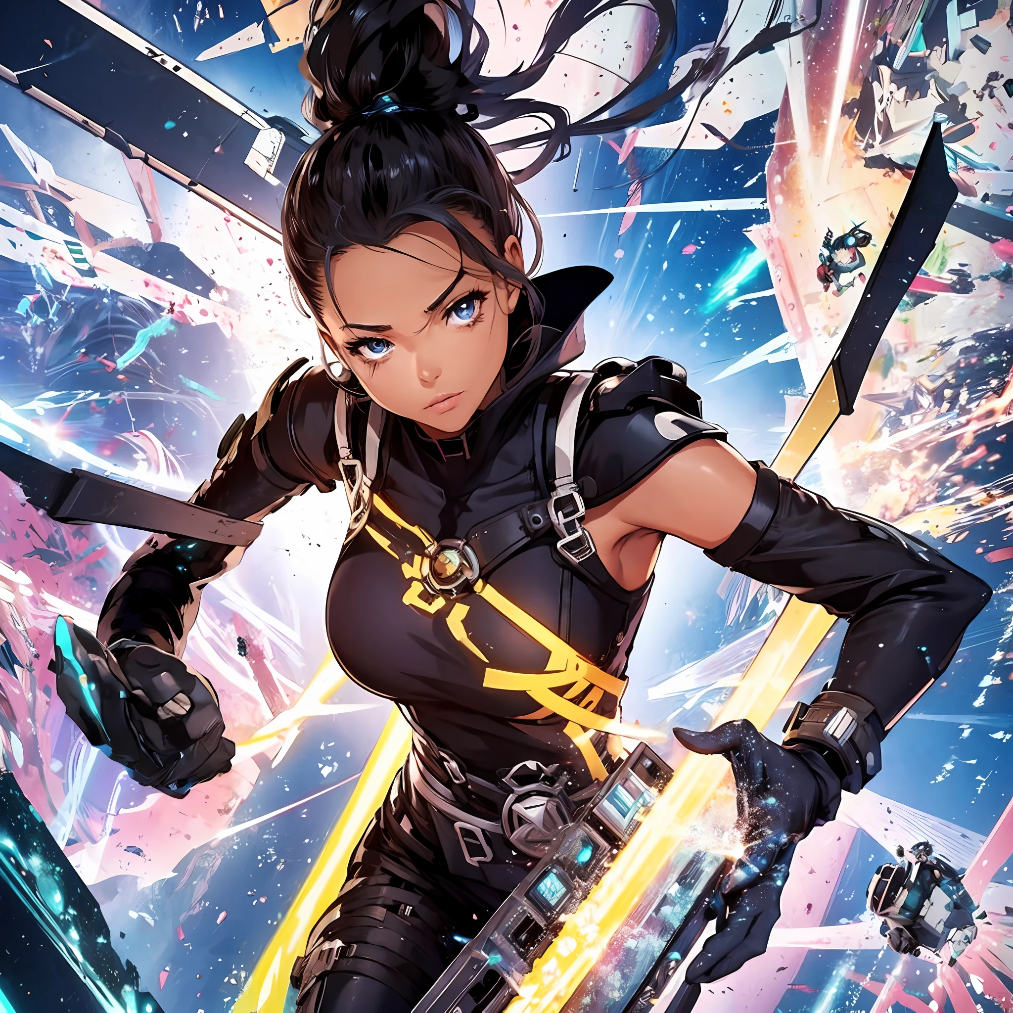 Immortalize Ella Balinska in a moment of action: create digital art inspired by an action movie, where Ella is the heroine in a futuristic urban setting, equipped with incredible gadgets and weapons, ready to save the world, solo