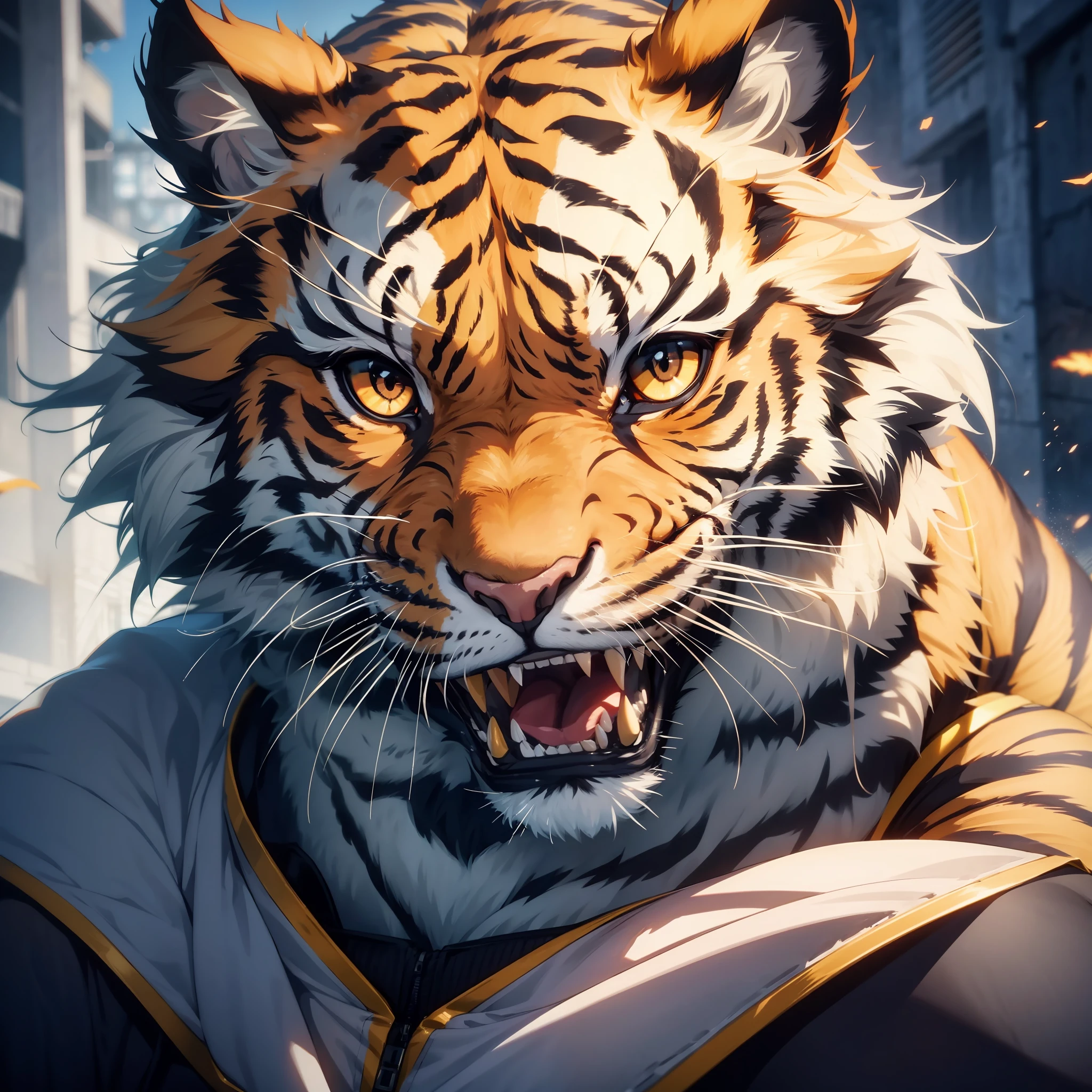 "Realistic tiger, fierce look, roaring at the viewer with penetrance, apparent scars, UltraHD (16k) of Unreal Engine 5."
