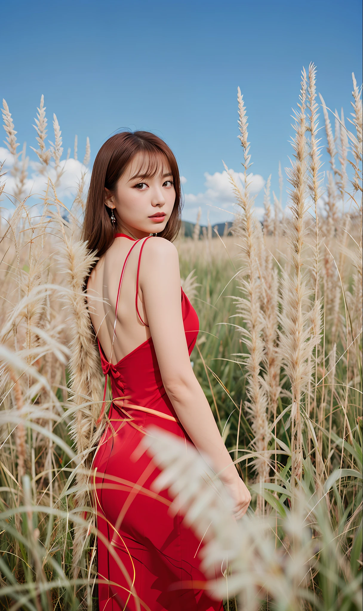 Araki woman in red dress standing in high grass, girl in red dress, girl in red dress, in red cheongsam, in field, in meadow, in red dress, in red dress, in red sundress, in red dress, masterpiece, best quality, very detailed CG, 8K