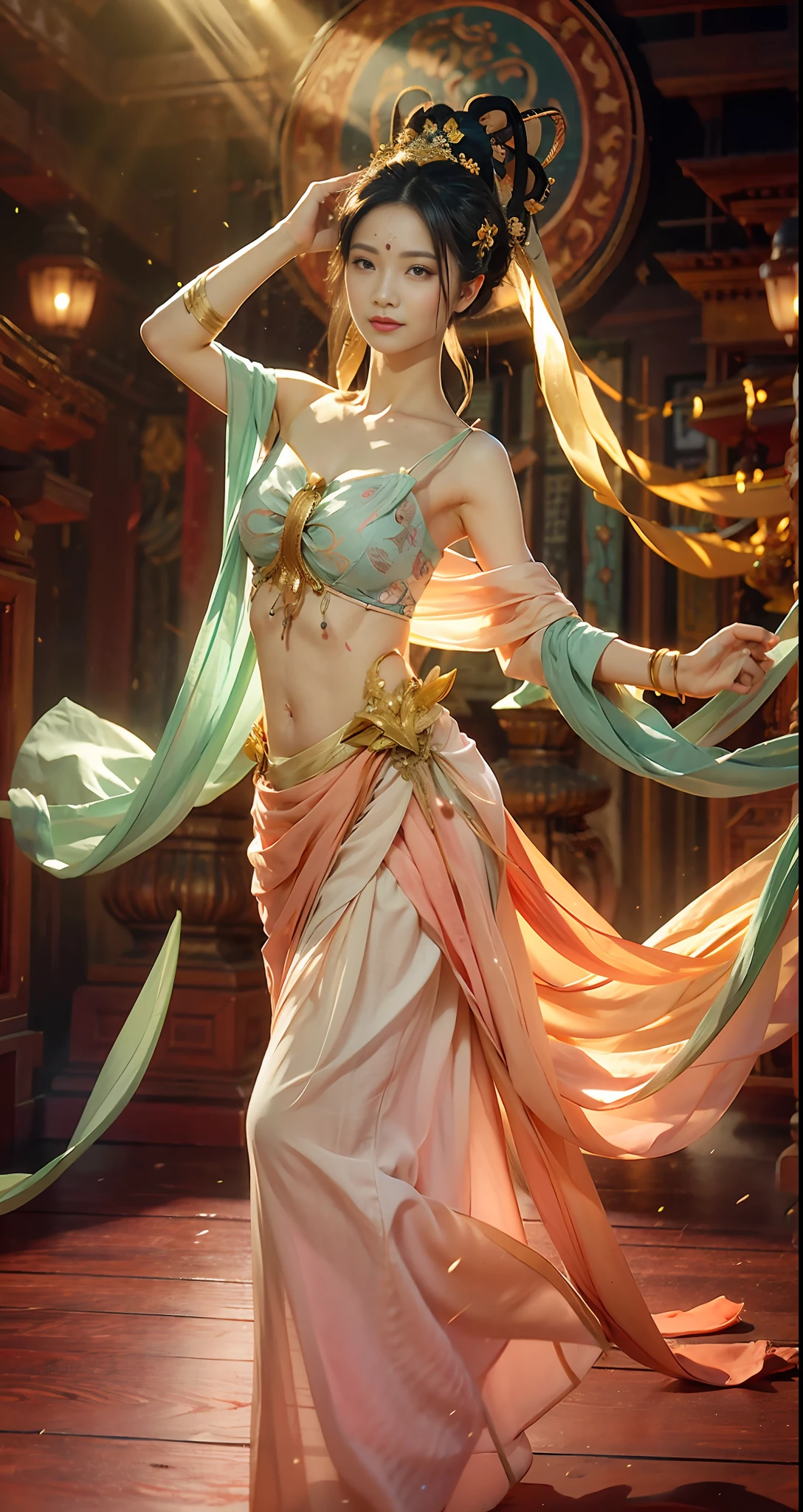 (RAW Photo, Best Quality), (Realistic, Photorealistic Real: 1.3), Best Quality, Highly Detailed, Masterpiece, Ultra Detailed, Illustration, 1 Girl, upper_body, Dynamic Angle, World Mastery Theater, messy_long_hair, Best Quality, Extremely Delicate Beautiful Girl, Supple Fair Skin, Delicate Facial Features, Perfect Face, Sexy Collarbone, Dance, dunhuang_dress, Dance, l Delicate forehead hands, Delicate eyelashes, delicate eyes, bare shoulders, stunning beauty, extreme details, realistic details, abdomen, navel, extremely detailed CG unified 8k wallpaper, amazing, sexy, peach blossom eyes, light makeup, smile, movie lights, lens_flare, dunhuang_style, mother-in-law dance, bare shoulders, streamers, floating, lanterns, flying pipa girl,