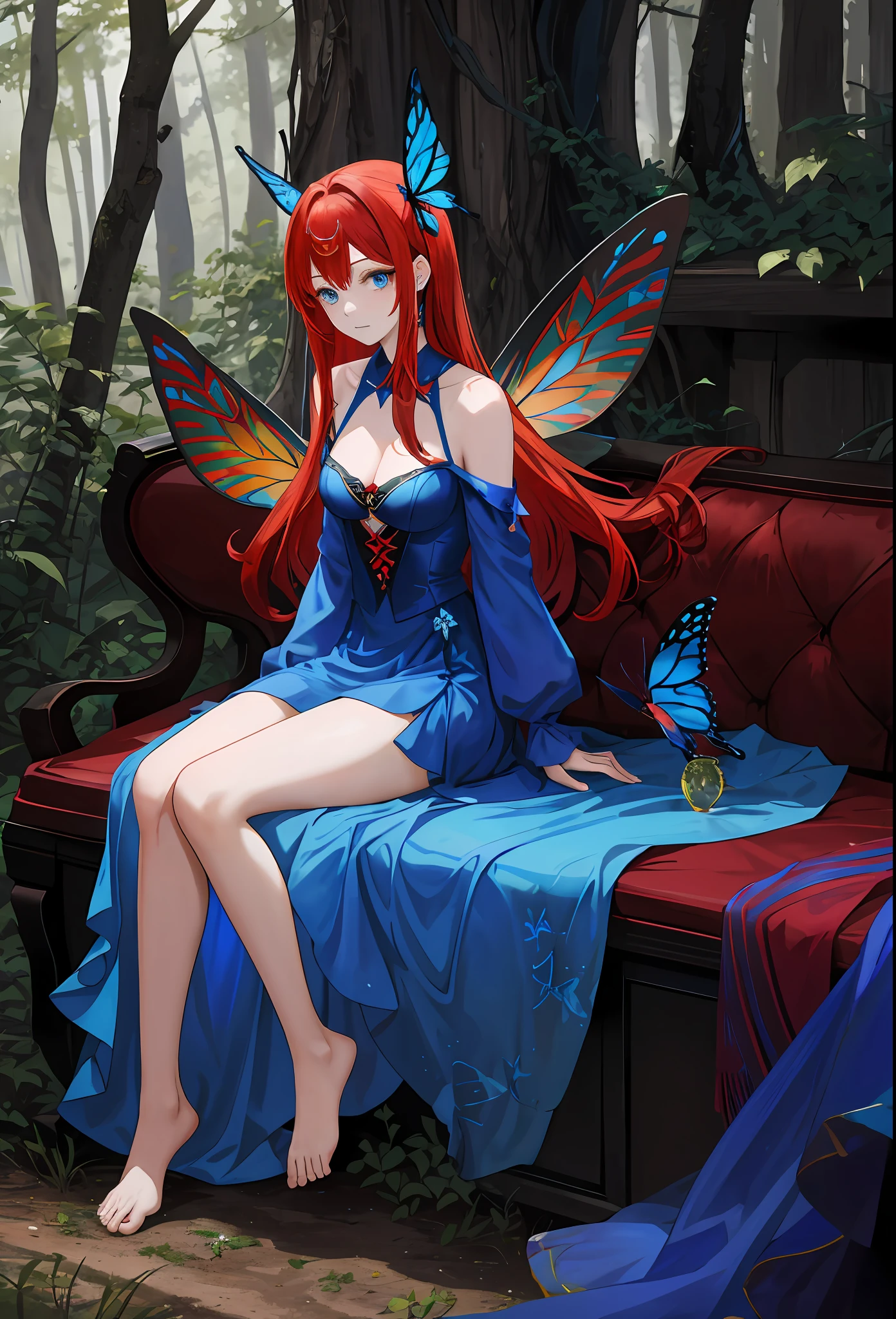 20-year-old woman, redhead, fairy, with blue dress, a pair of butterfly wings of blue color and details in red, a forest in the background, no shoes, medium-sized breasts, long straight hair, right hand a flame floating of warm colors, masterpiece, best quality