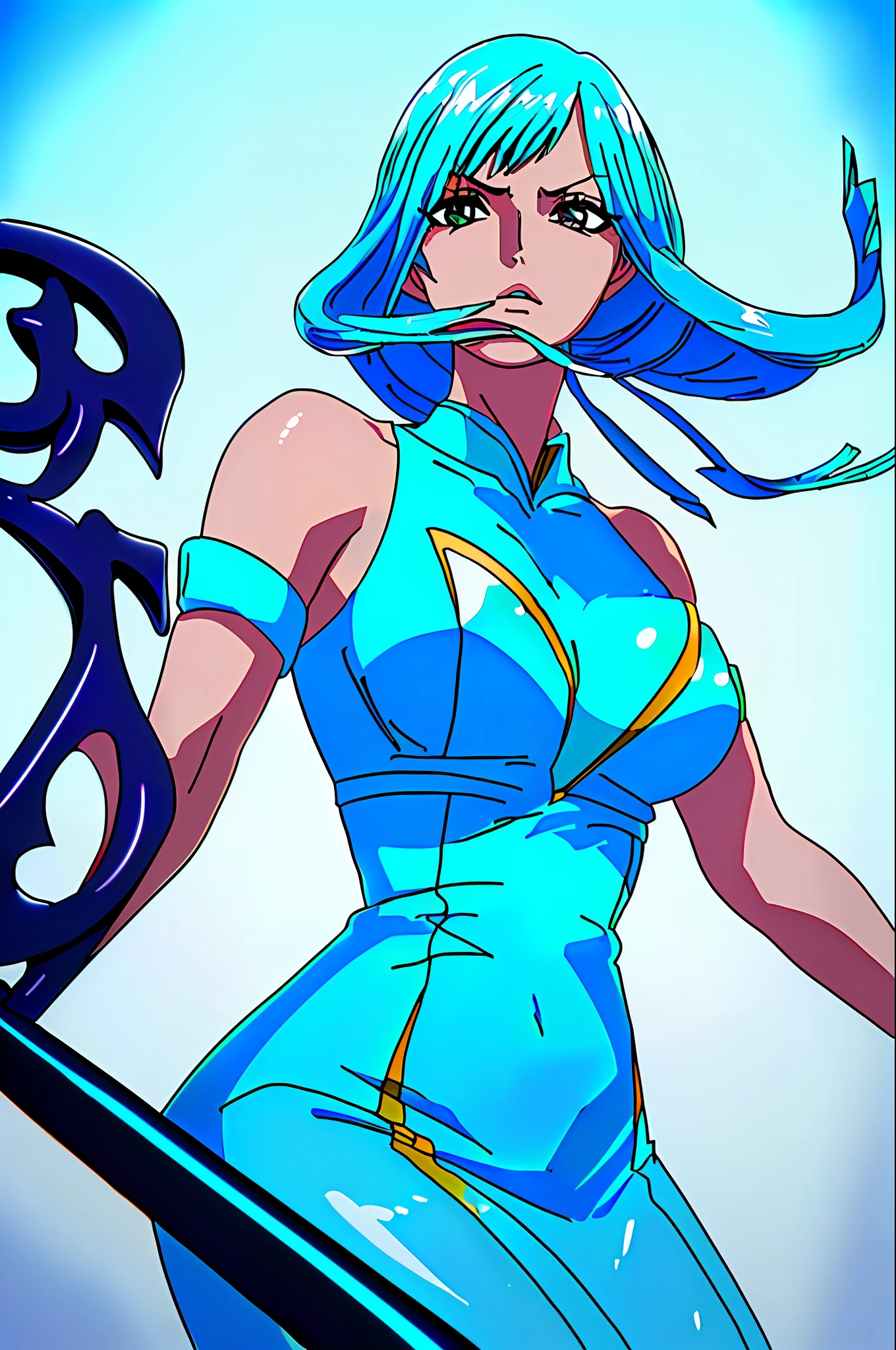 Thea 2: Wanostyle Art, Woman with a Spear, Cyan Hair, masterpiece, best quality, hyper-detailed, shiny skin, slender, small breasts, sensual, shoulders showing, dynamic lighting, high resolution, sharp focus, depth of field