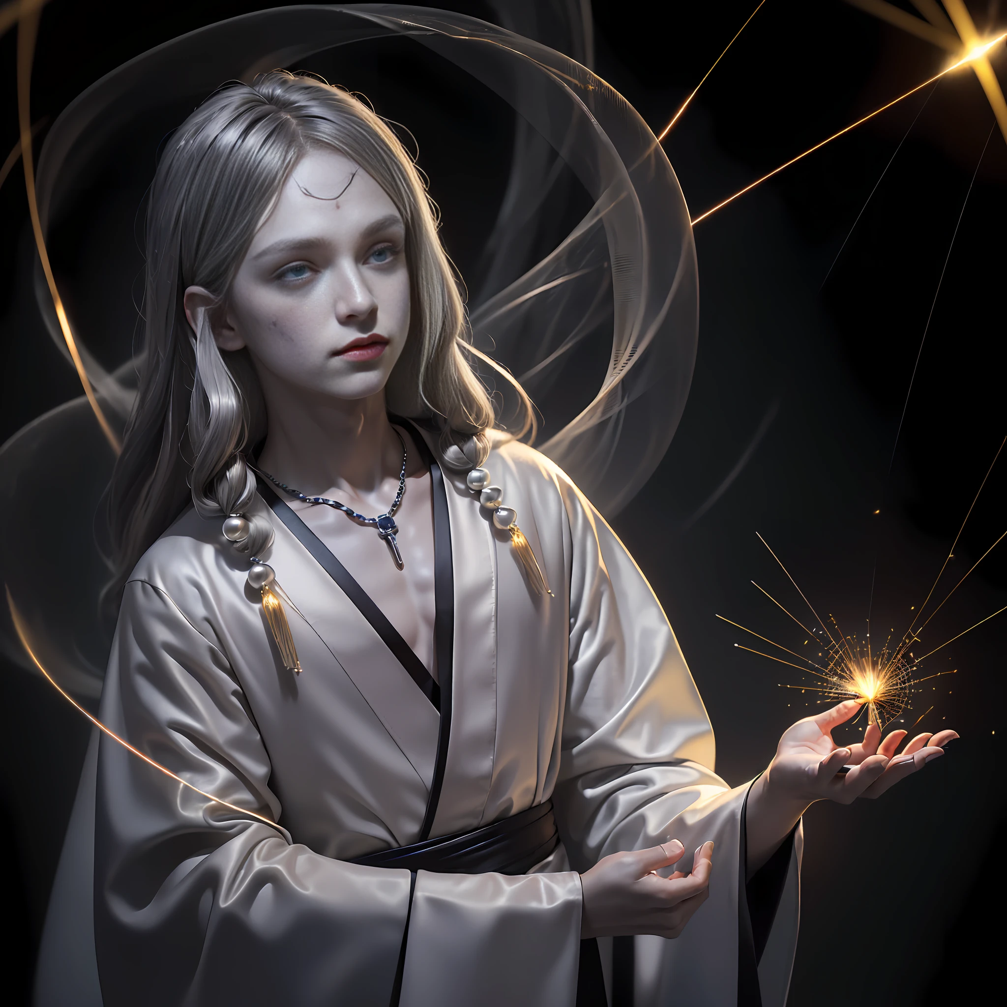Masterpiece, best quality, MTSpider V4, (((1 young innocent boy)), HDR, very detailed eyes and face, goth, solo, white skin, long hair, beads, japanese clothes, white kimono, silk, stone, forest, northern lights, spider silk, (glowing metal objects hovering in the air and encircling him: 1.2), (arcs and sparks: 1.2), (energy flow: 1.2), (translucent magnetic field lines: 1.2), (gold and silver gray and flashing light effects: 1.2),