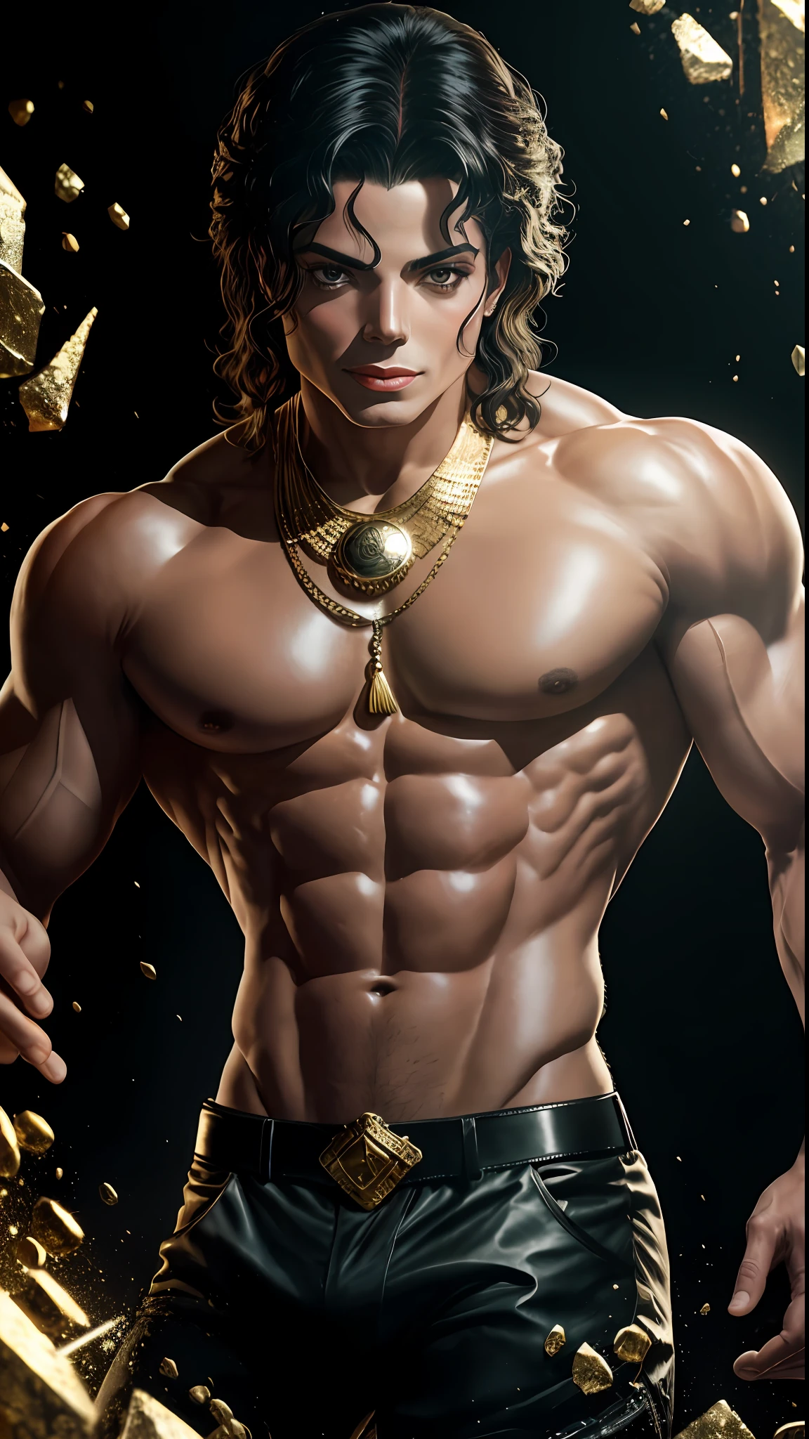 8k portrait of michael jackson Bodybuilder, shirtless, intricate, 50 years, las vegas, full body, looking at the camera, elegant, (black eyes), highly detailed, majestic, digital photography, art by artgerm and ruan jia and greg rutkowski , black hair, broken glass around (masterpiece, side lighting, beautiful finely detailed eyes: 1.2 ), hdr