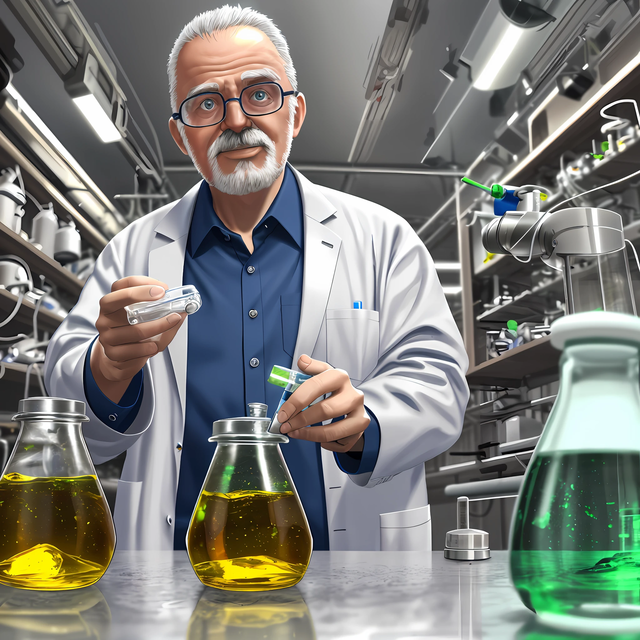 ultrarealistic RAW photography of scientist serious middle age man in bigger chemical high tech laboratory, some flacons and small bottles with motor oil examined on the table, ultradetailed, sunny day atmosphere looking to the viewer no five fingers in the hand making a crazy experiment and looking crazy